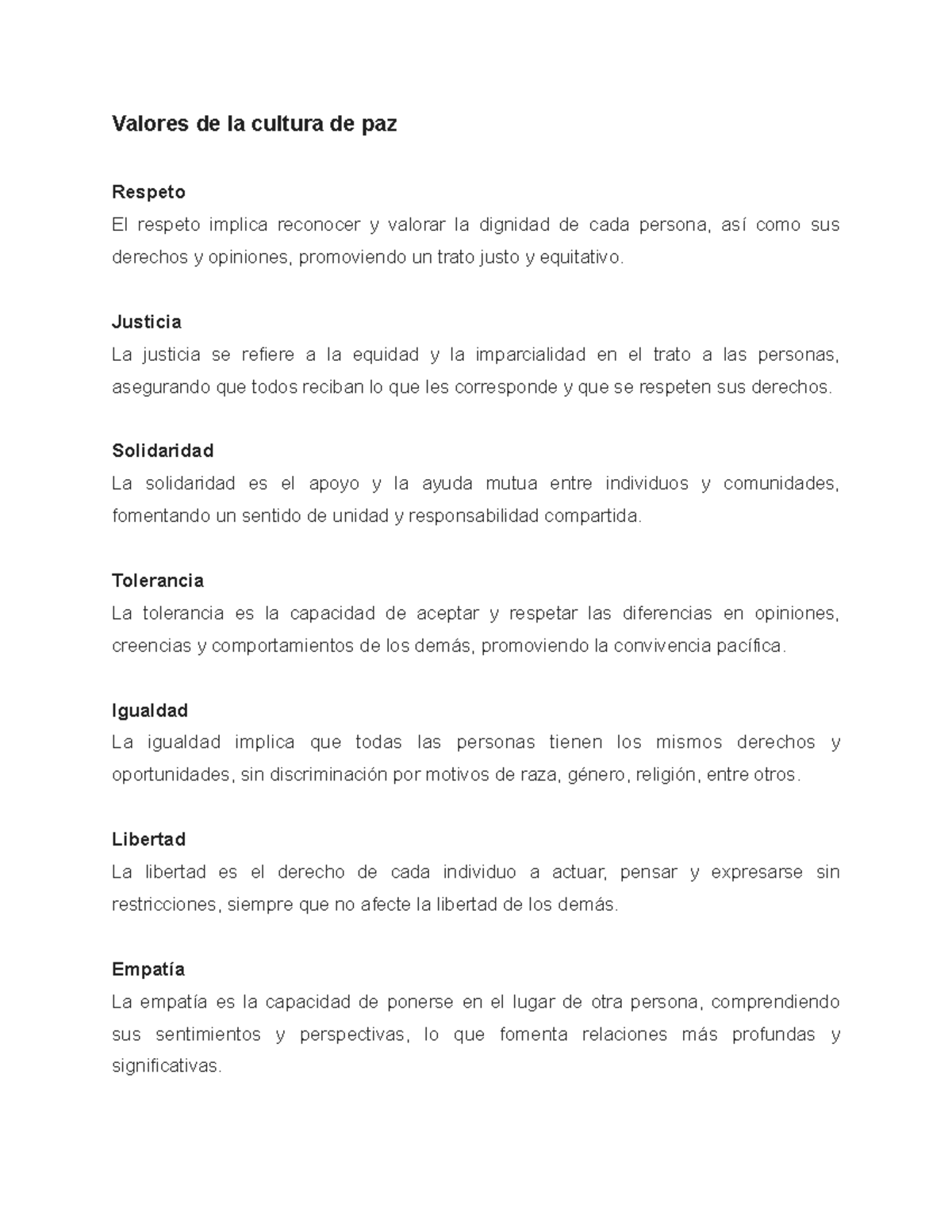 Valores de la Cultura de Paz - ADA2 Listado-Grecia Carlos Andrea - Studocu