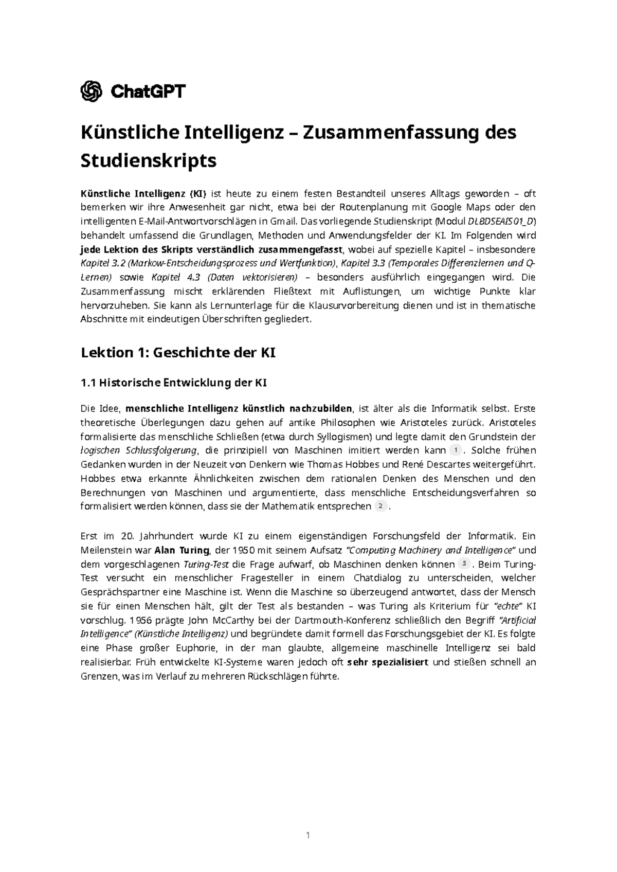 Künstliche Intelligenz (KI) - Zusammenfassung des Studienskripts (Modul ...