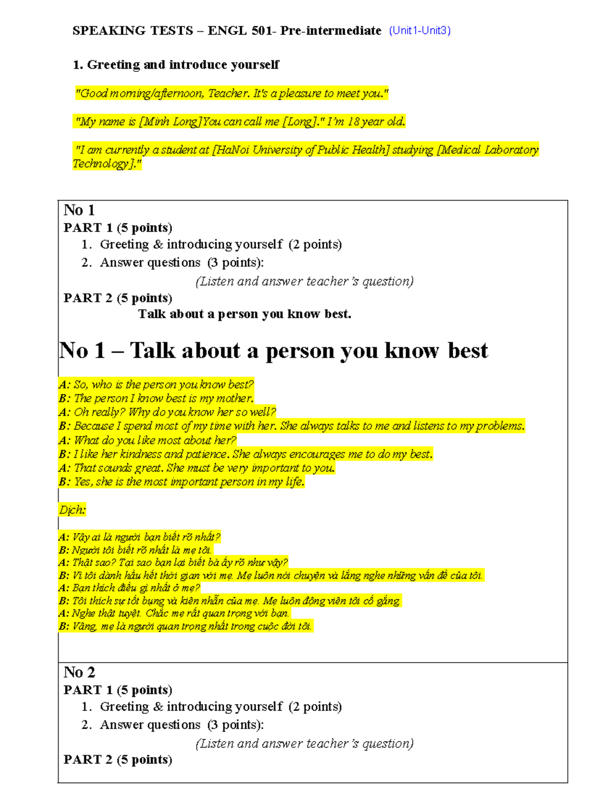 SPEAKING TESTS – ENGL 501 - Pre-Intermediate (Unit 1-3) Final Exam ...