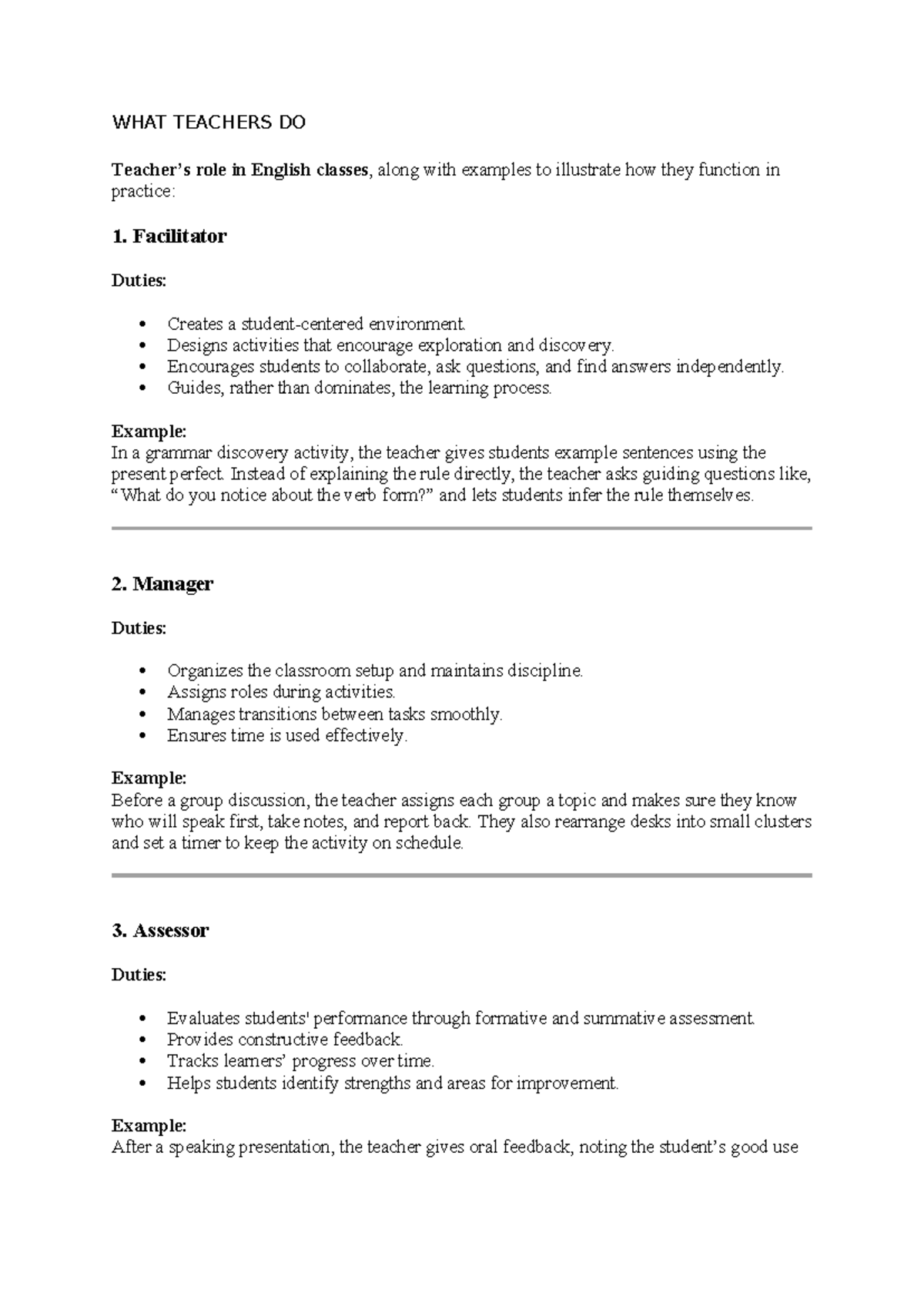 What teachers do: Roles and responsibilities in English classes - Studocu