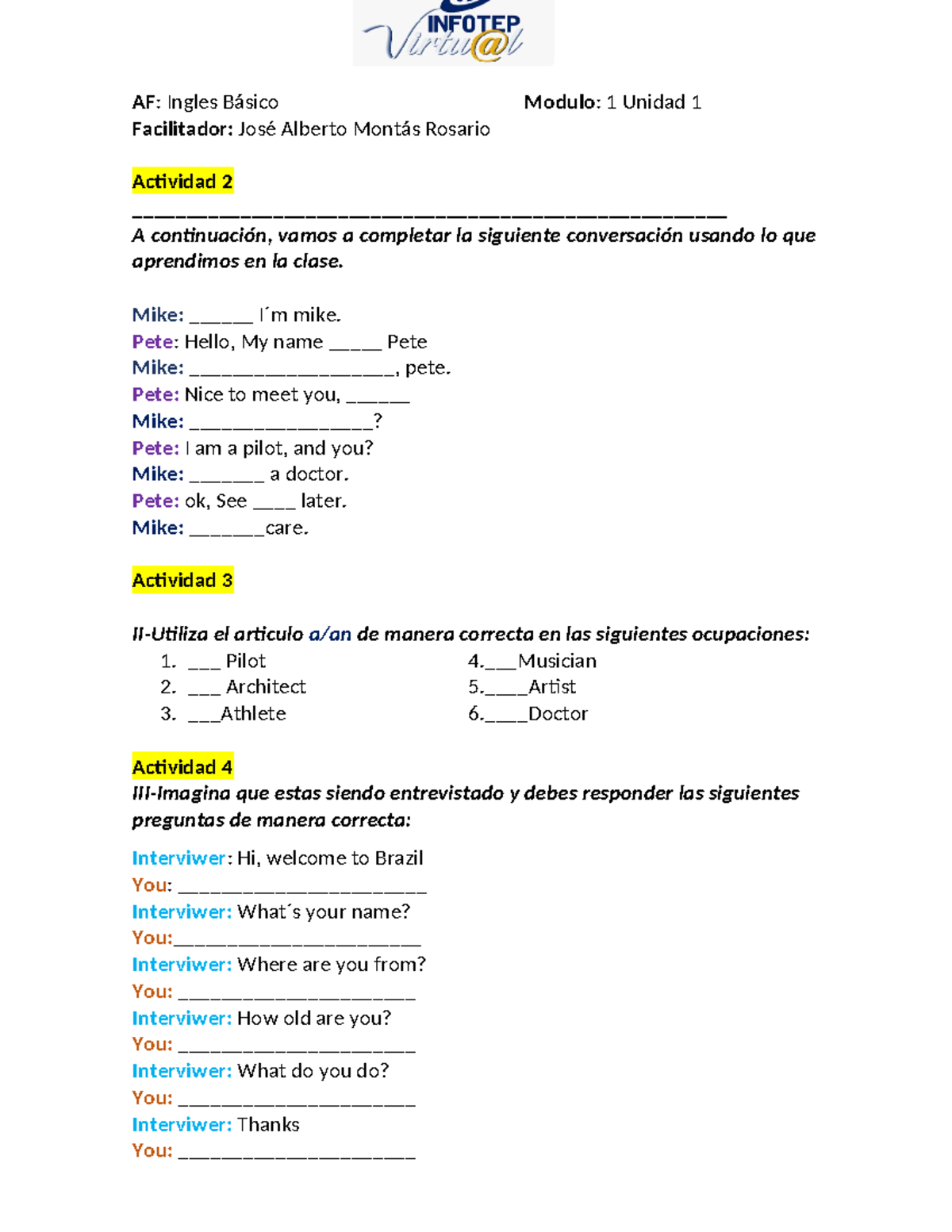 Tarea 2 - Ingles Básico Módulo 1: Conversación y Actividades - Studocu