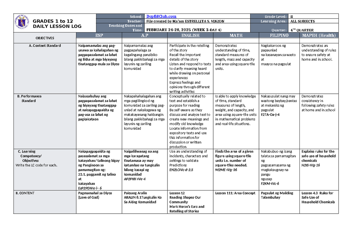 DLL ALL Subjects 2 Q4 W3 D4 - GRADES 1 to 12 DAILY LESSON LOG School ...