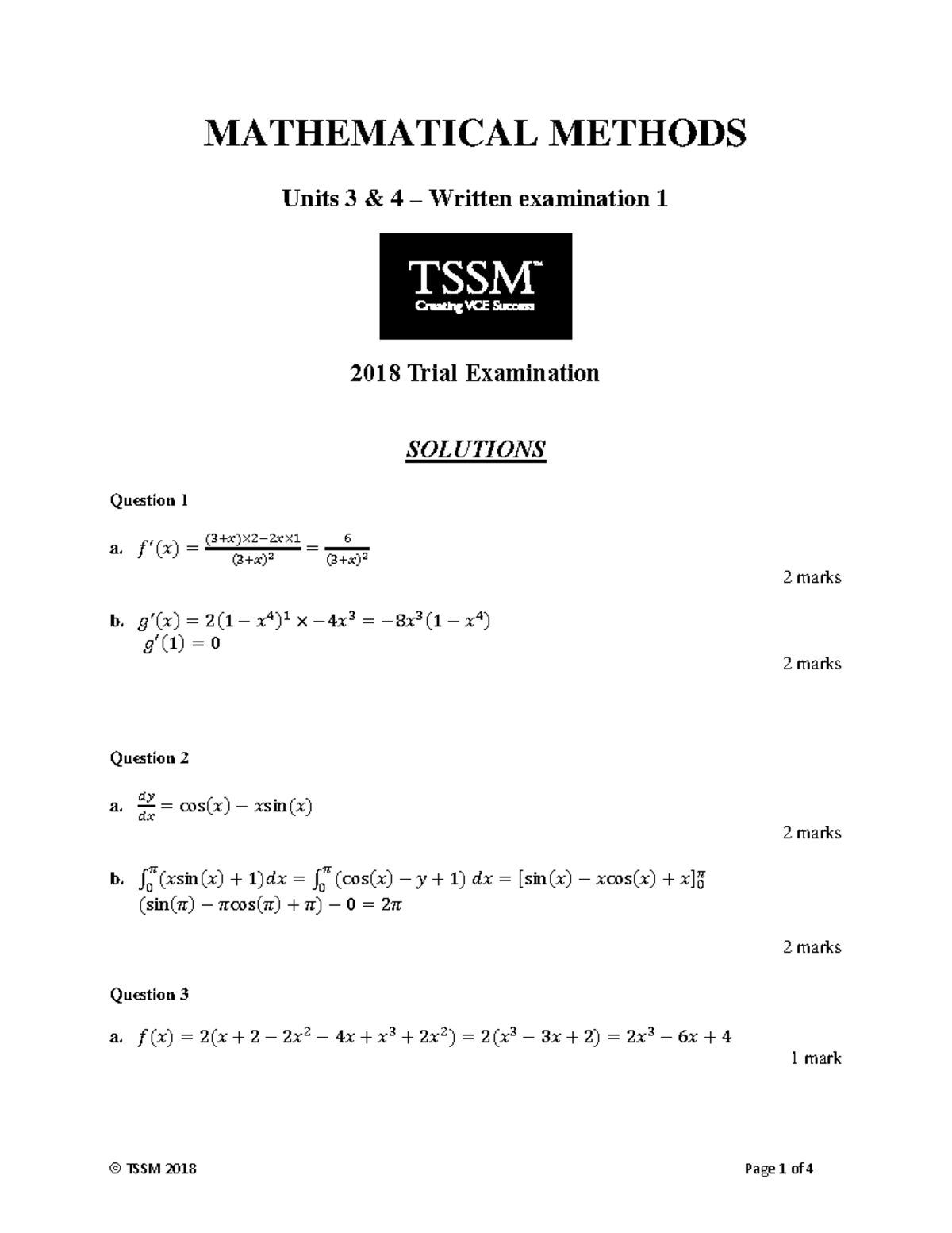 Mathematical Methods 2018 Units 3&4 Trial Exam 1 Solutions Guide - Studocu