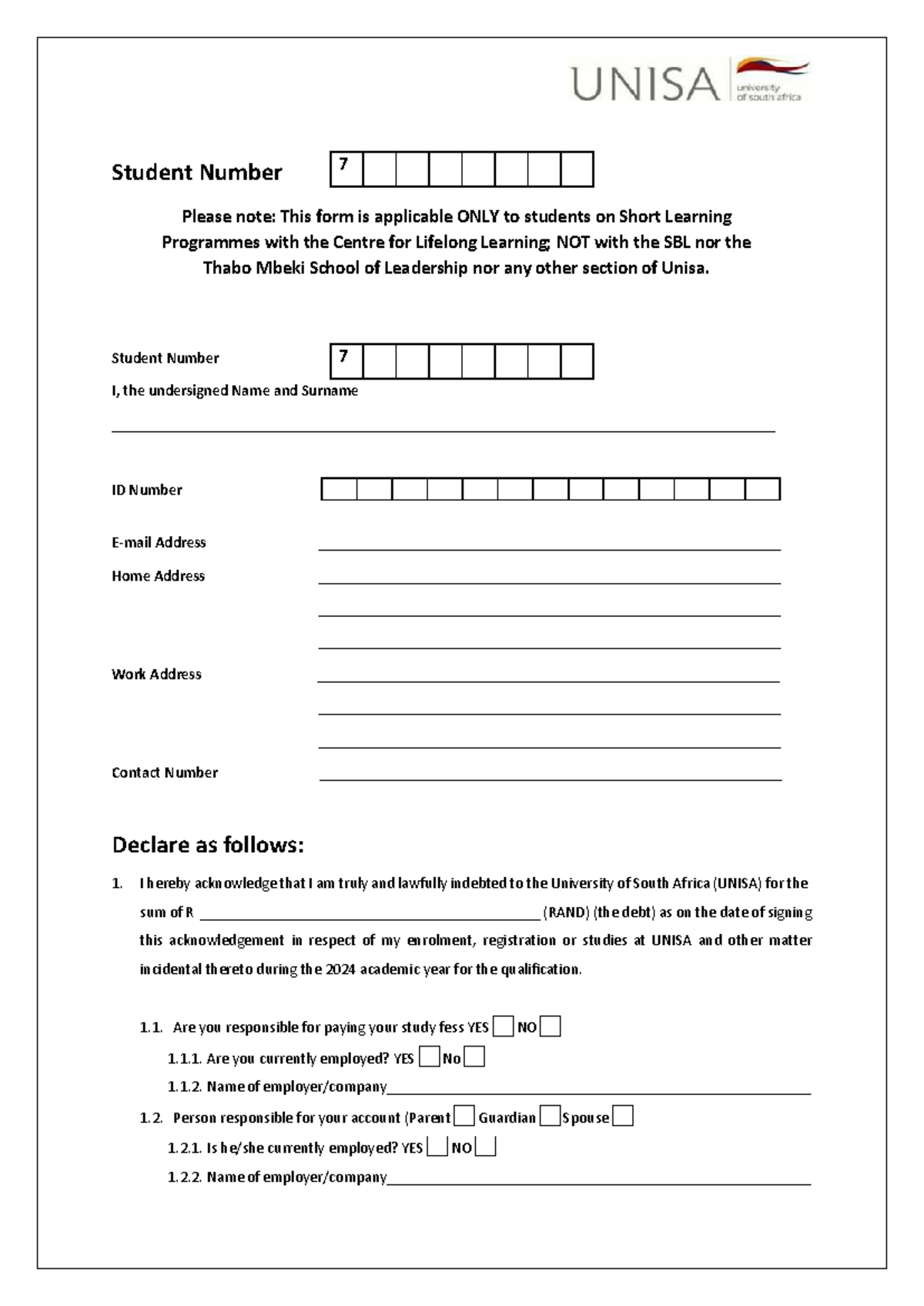 UCL Acknowlegement OF DEBT 2024 updated - Student Number Please note ...