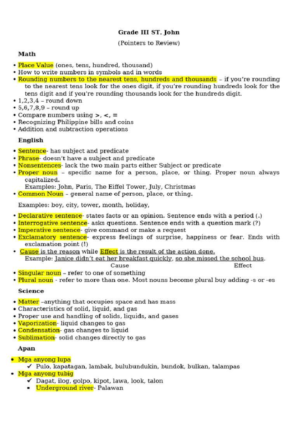 Grade ST. John Academic Review: Math & English Concepts - Studocu