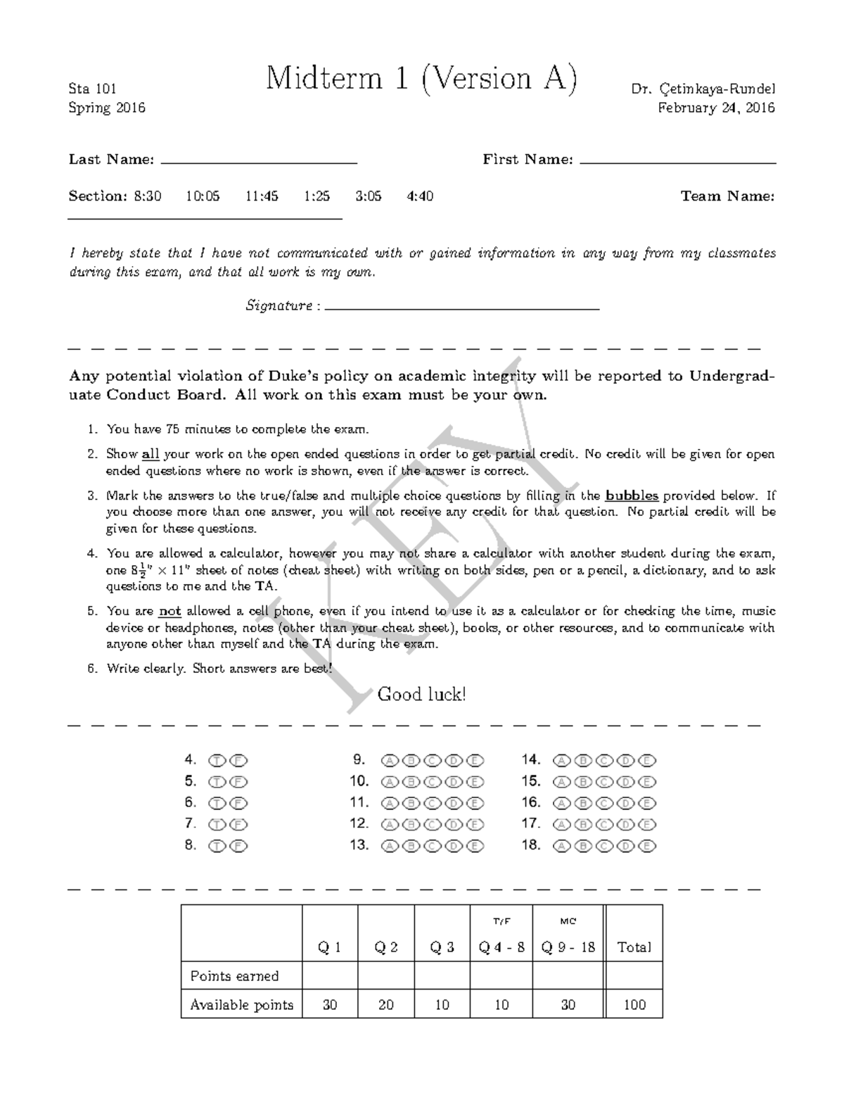 Midterm 1 Key - STA 101 Spring 2016 (Version A) - Studocu