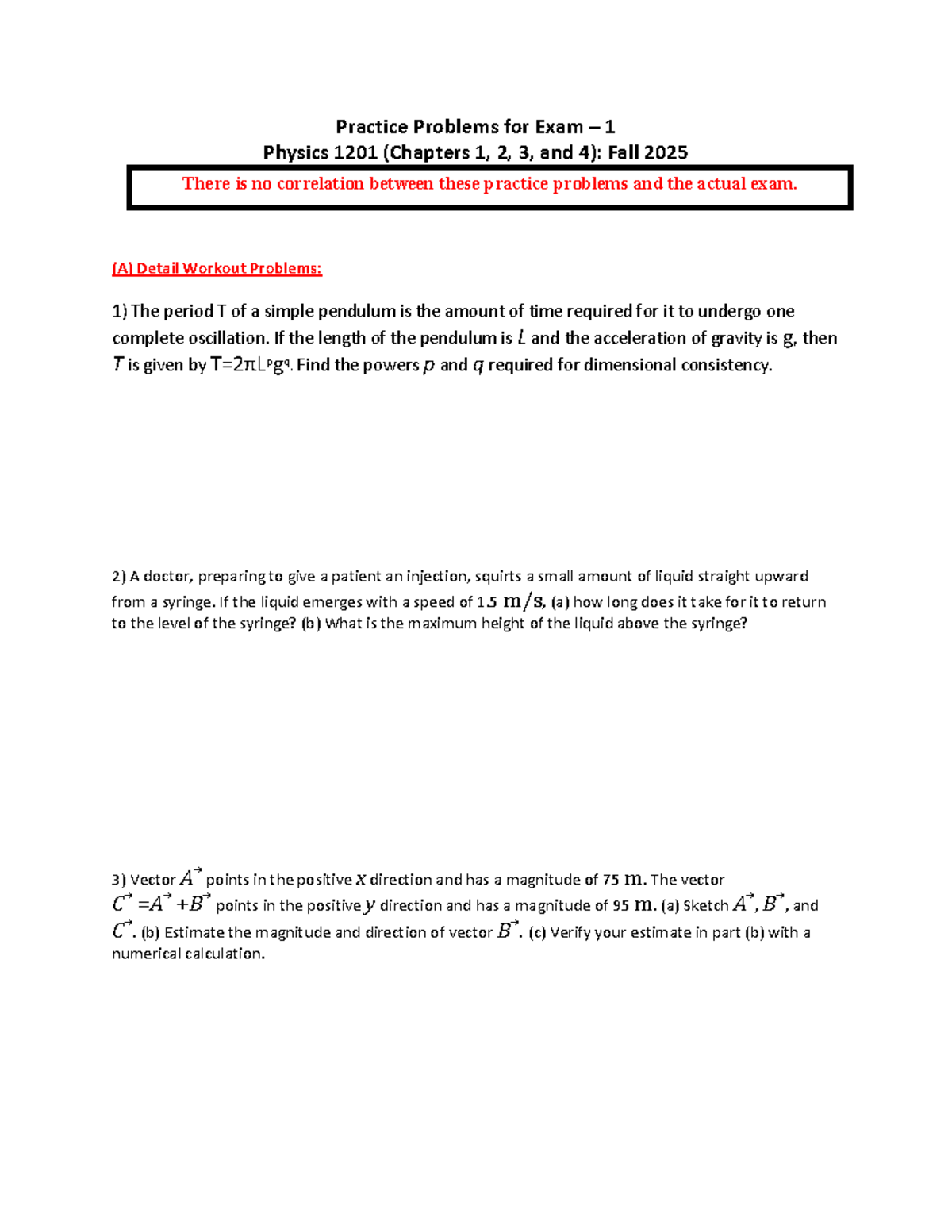 Phys 1201 Practice Problems for Exam 1: Chapters 1-4, Fall 2025 - Studocu