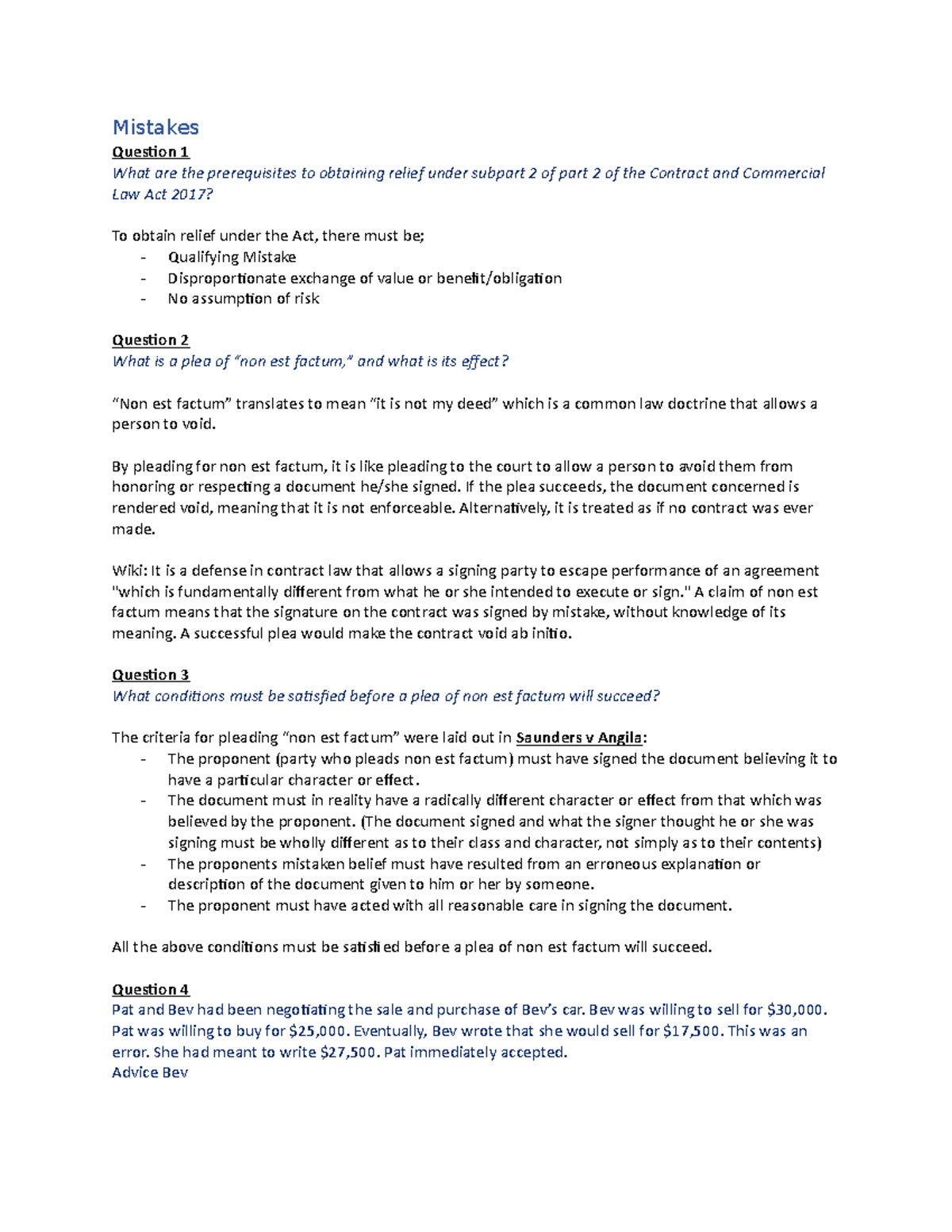 Acct252 Midterm Notes: Mistakes in Contract Law & Non est Factum - Studocu