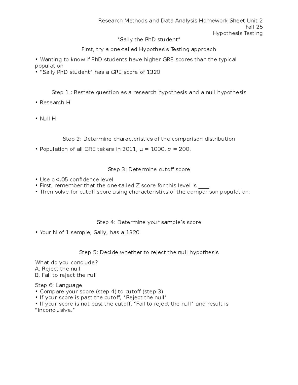 Unit 2 Research Methods: Hypothesis Testing for PhD GRE Scores - Studocu