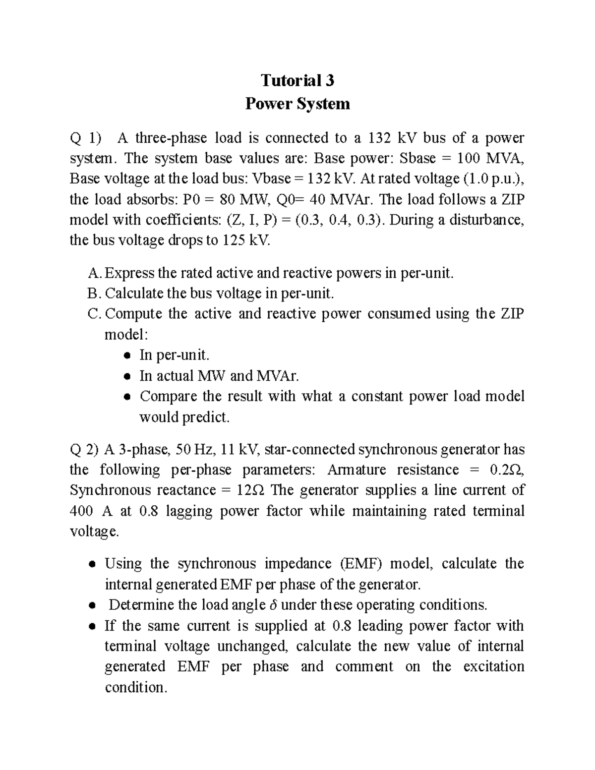 Tutorial 3: Power System Analysis and Load Modeling - Studocu