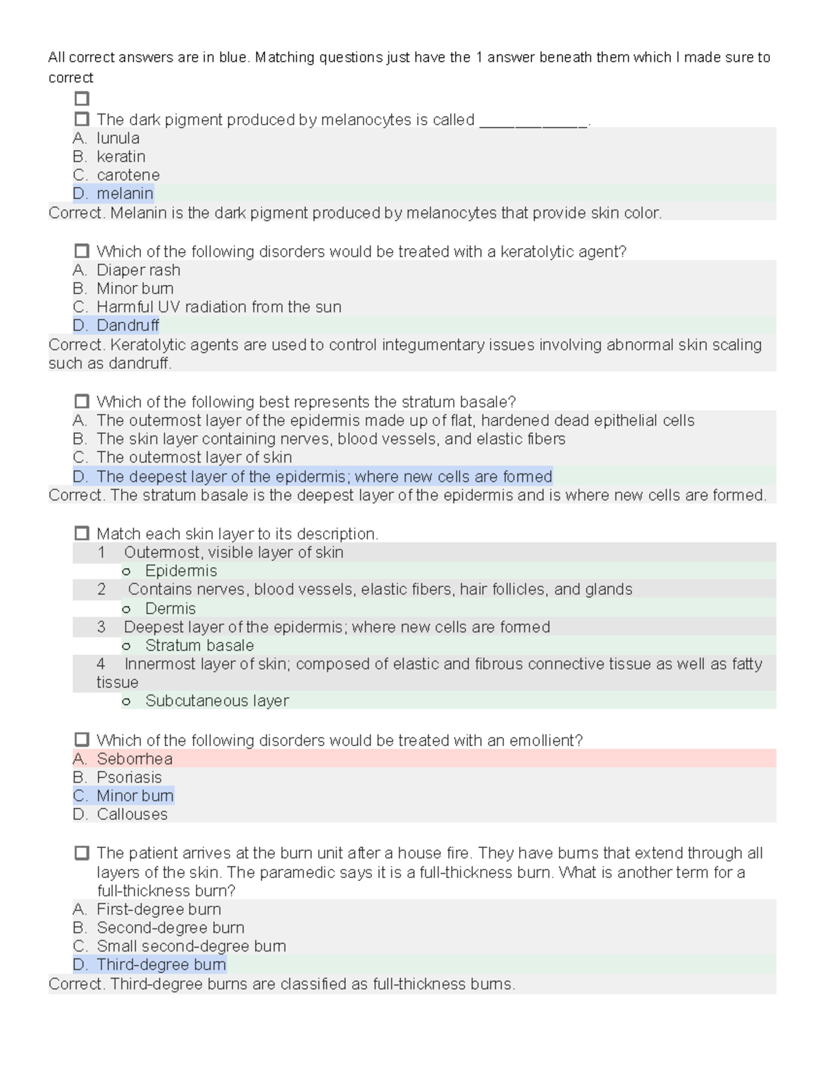 Skin Disorders Quiz and Matching Questions - Studocu