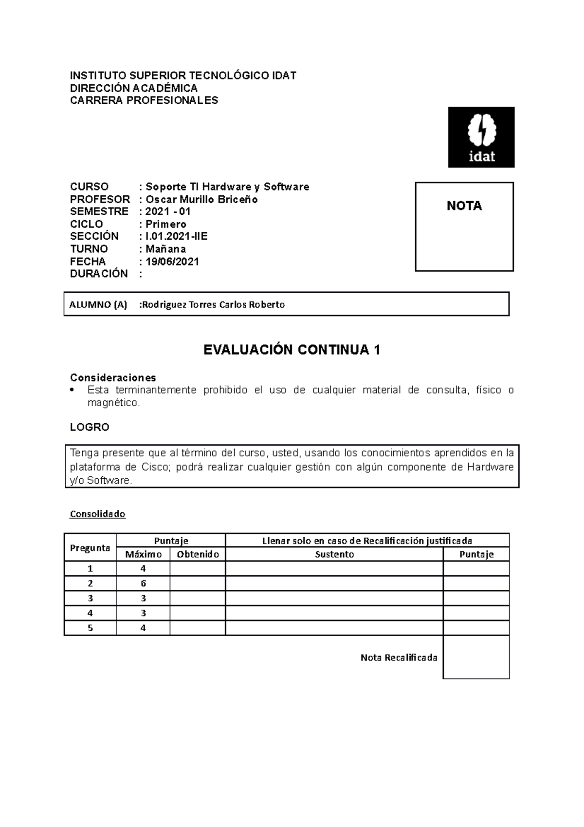 Evaluación Continua 01: Soporte TI Hardware y Software IDAT 2021-01 - Document Preview