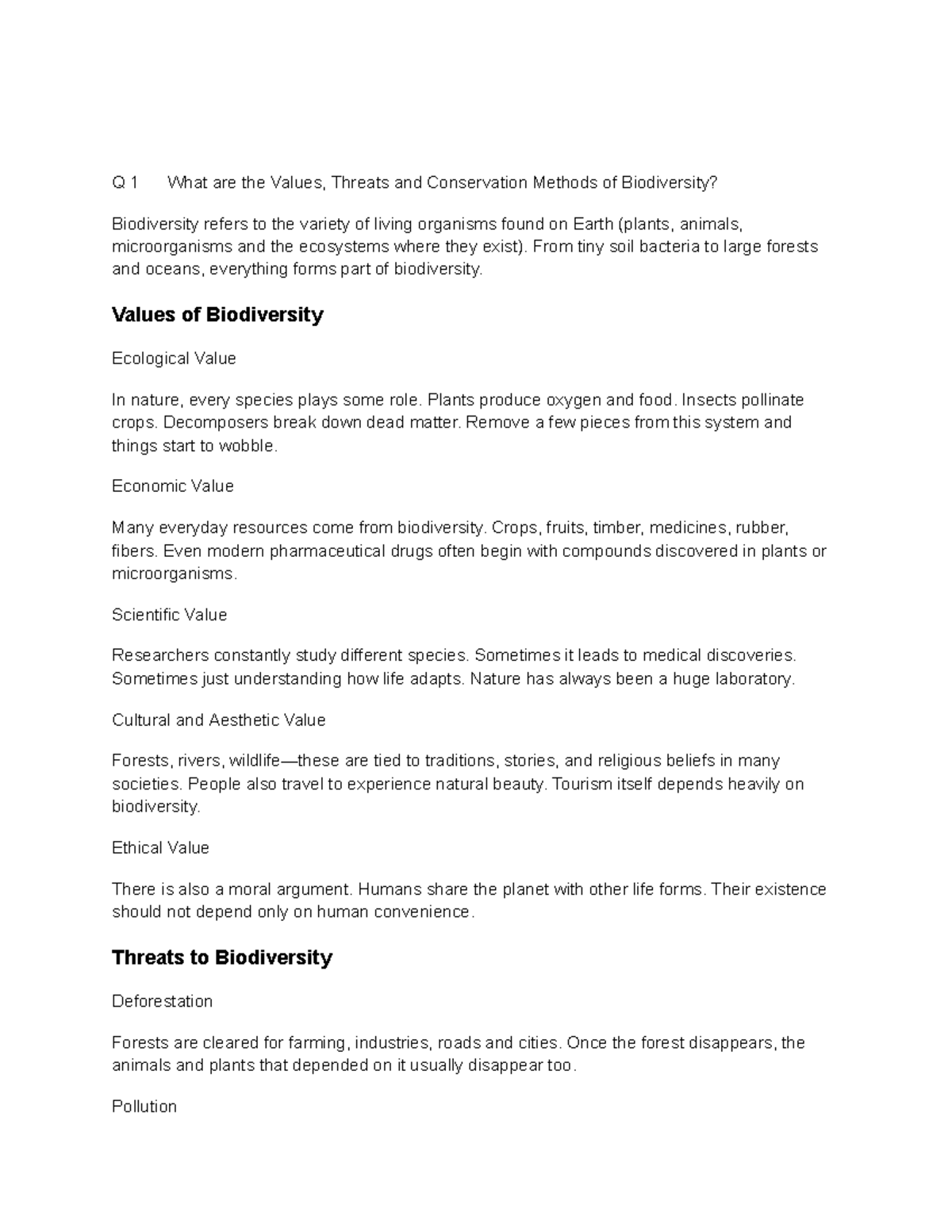 EVS 1 - Biodiversity Values, Threats, and Conservation Methods - Studocu