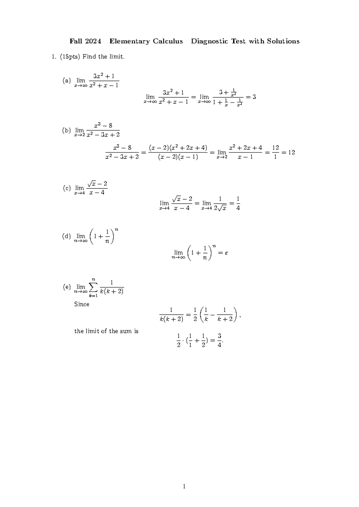 Fall 2024 Elementary Calculus Diagnostic Test & Solutions - Document Preview