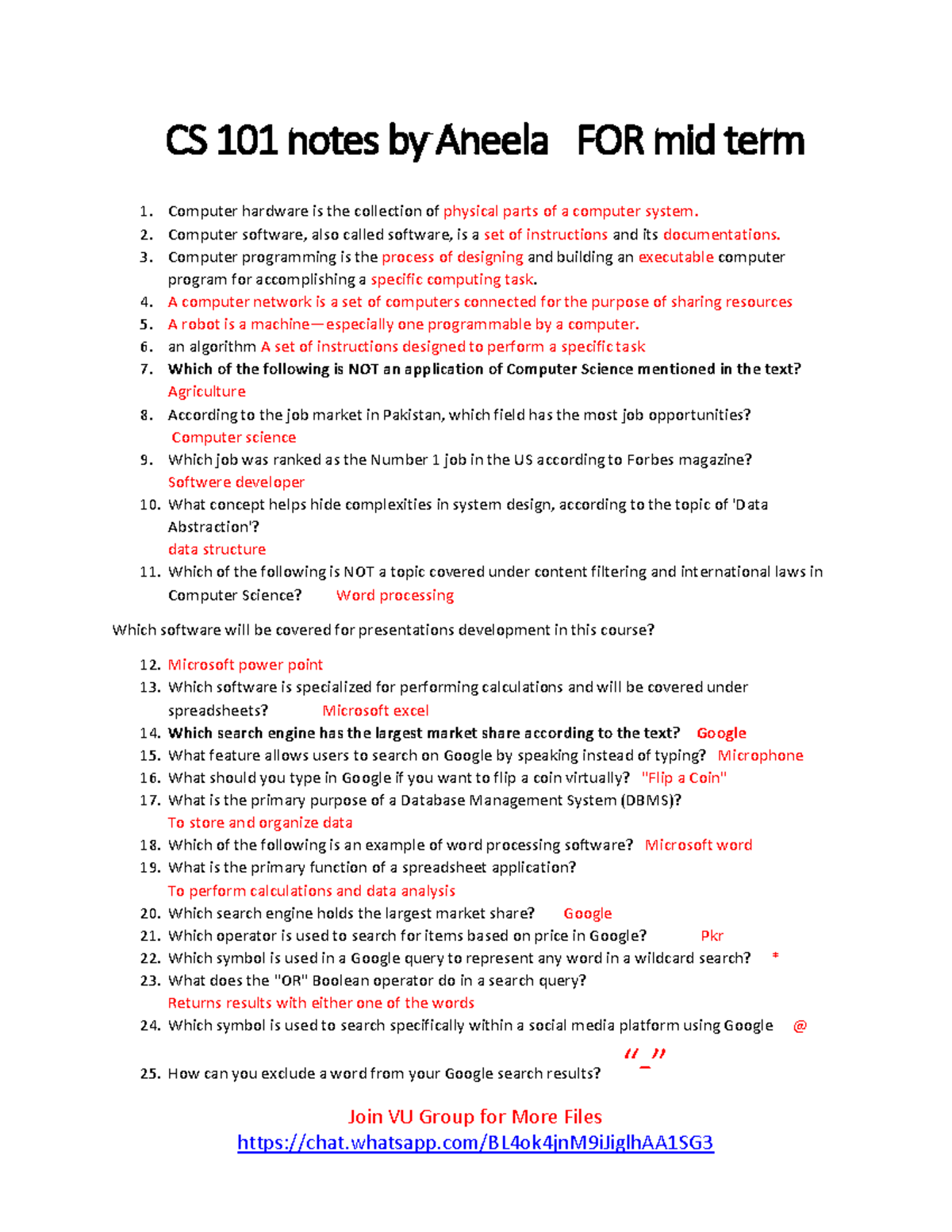 CS 101 Midterm Notes: Key Concepts in Computer Science by Aneela - Studocu