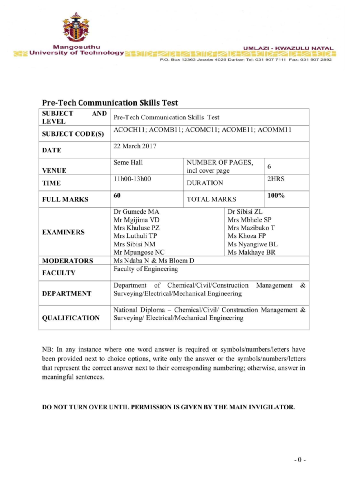 ACOMMI 1 Communication Skills Test - March 2017 Pre-Tech Exam - Studocu
