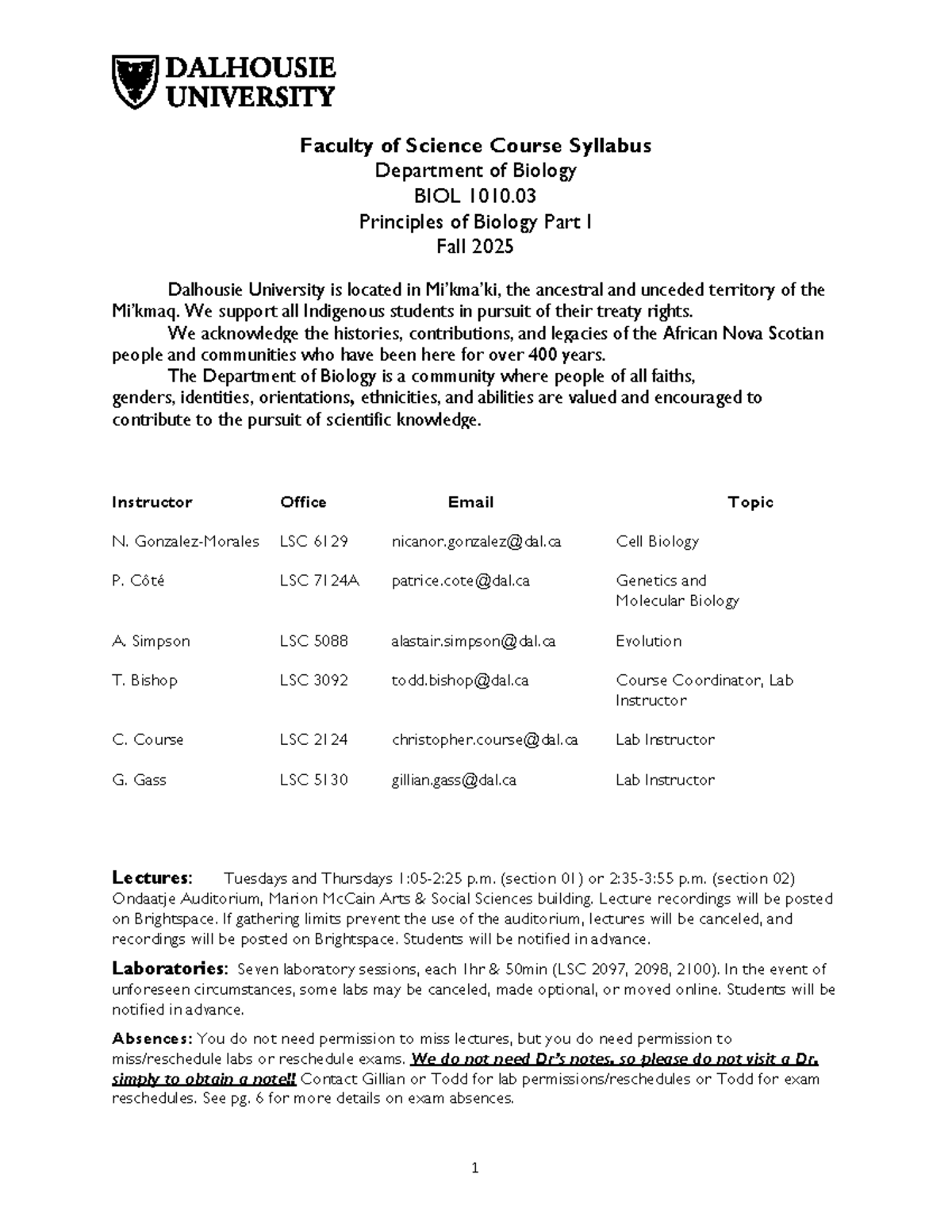 BIOL 1010.03 Fall 2025 Syllabus: Principles of Biology I - Studocu