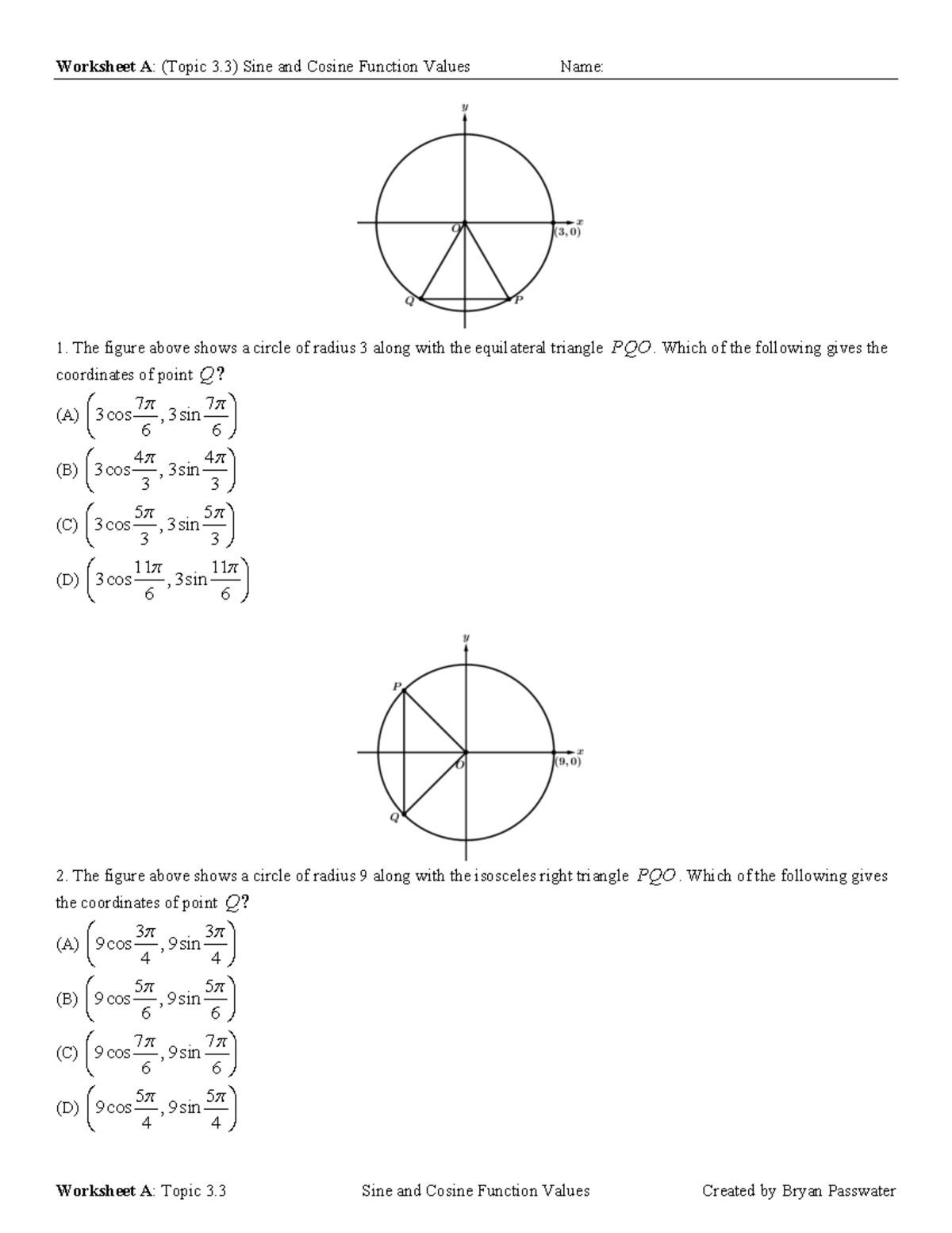 Worksheet A: Topic 3.3 Sine & Cosine Function Values - Studocu