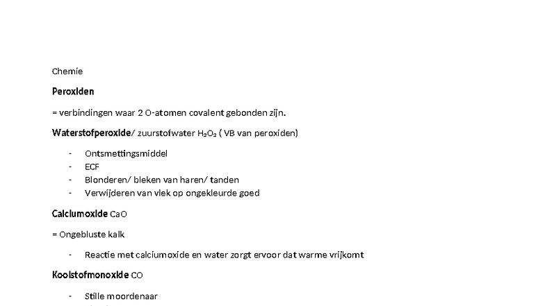 Chemie Theorie Stofklassen: Peroxiden en Hun Toepassingen - Studocu