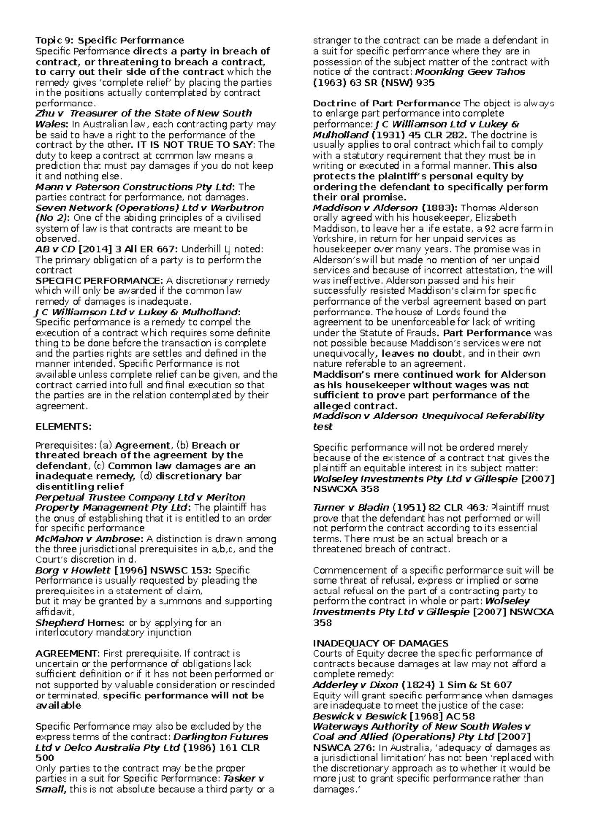 Topic 9: Specific Performance and Injunctions in Contract Law - Studocu