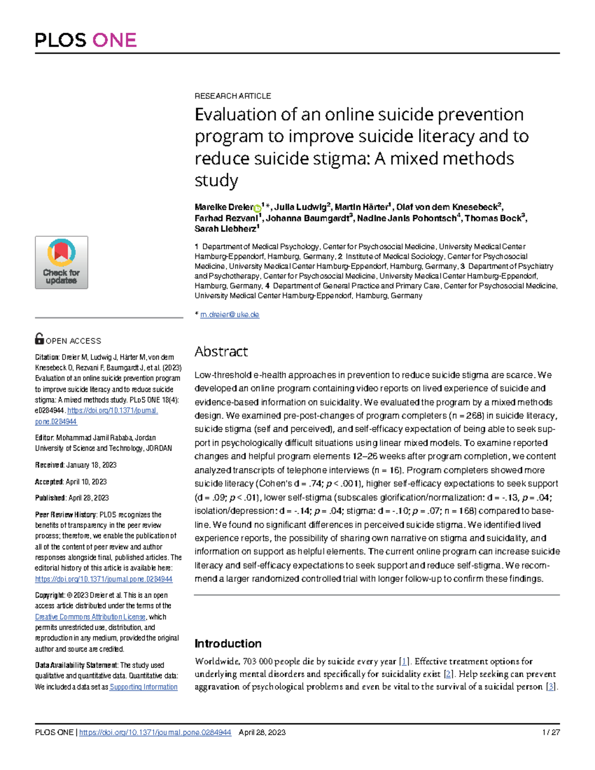 PLOS ONE 2023: Evaluation of an Online Suicide Prevention Program to ...