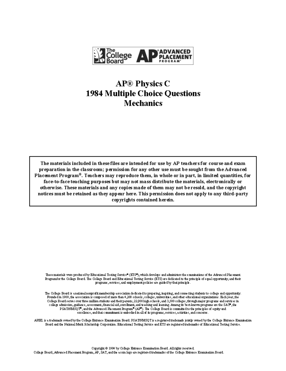 AP® Physics C - 1984 Practice Exam Questions and Answers - Studocu