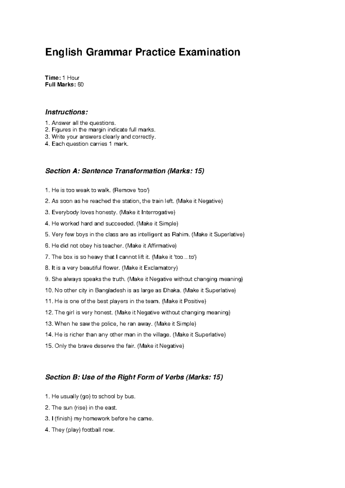 ENG 101: English Grammar Practice Question Paper - Studocu