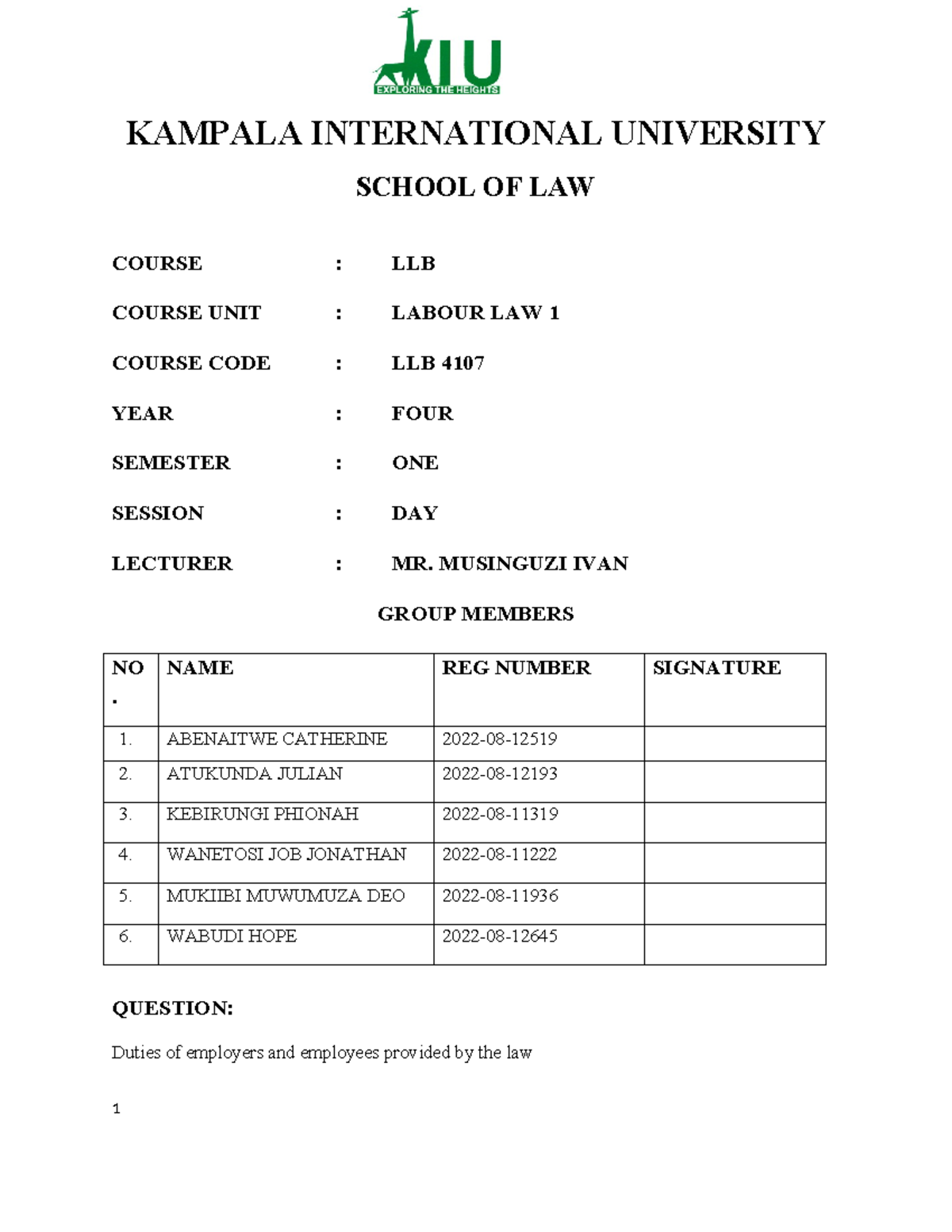 Labour Law 1 (LLB 4107) - Duties of Employers and Employees - Studocu