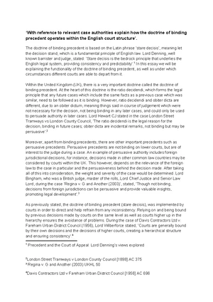 UOL Precedent Essay: Analyzing Certainty in Binding Precedent - Studocu
