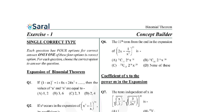 Binomial Theorem Exercise 1: Concept Builder and Revision Notes - Studocu