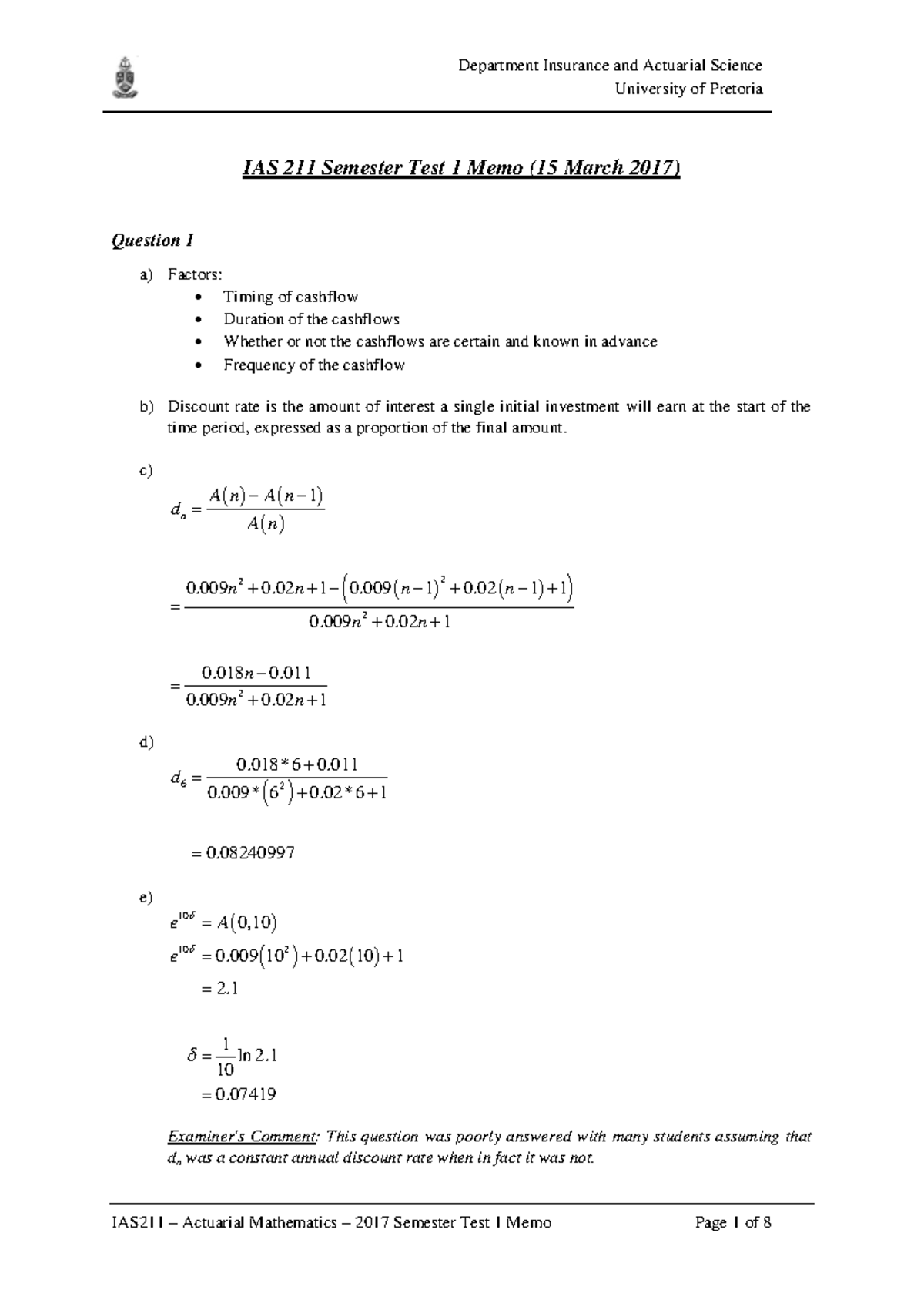 IAS211 - 2017 Semester Test 1 Memo Analysis and Solutions - Studocu