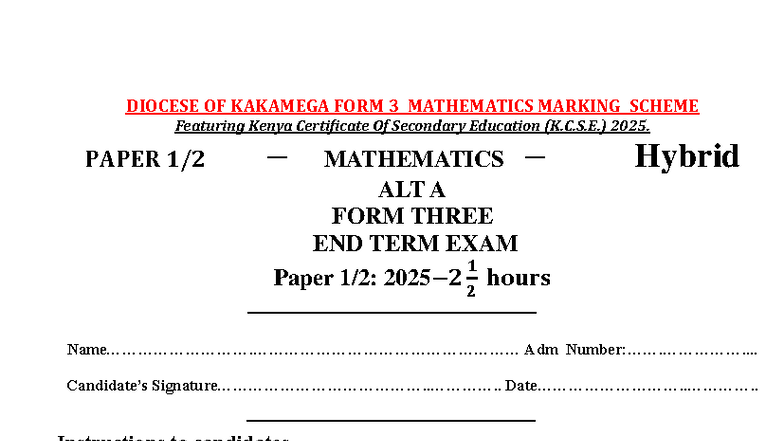 FORM 3 MATHEMATICS END TERM EXAM MARKING SCHEME (K.C.S.E. 2025) - Studocu