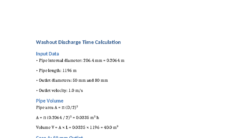Washout Discharge Time Calculation for Pipe Systems - Studocu