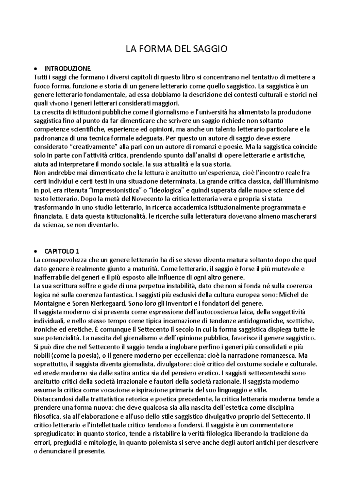 LA FORMA DEL SAGGIO: ANALISI E STORIA DEL GENERE LETTERARIO - Studocu