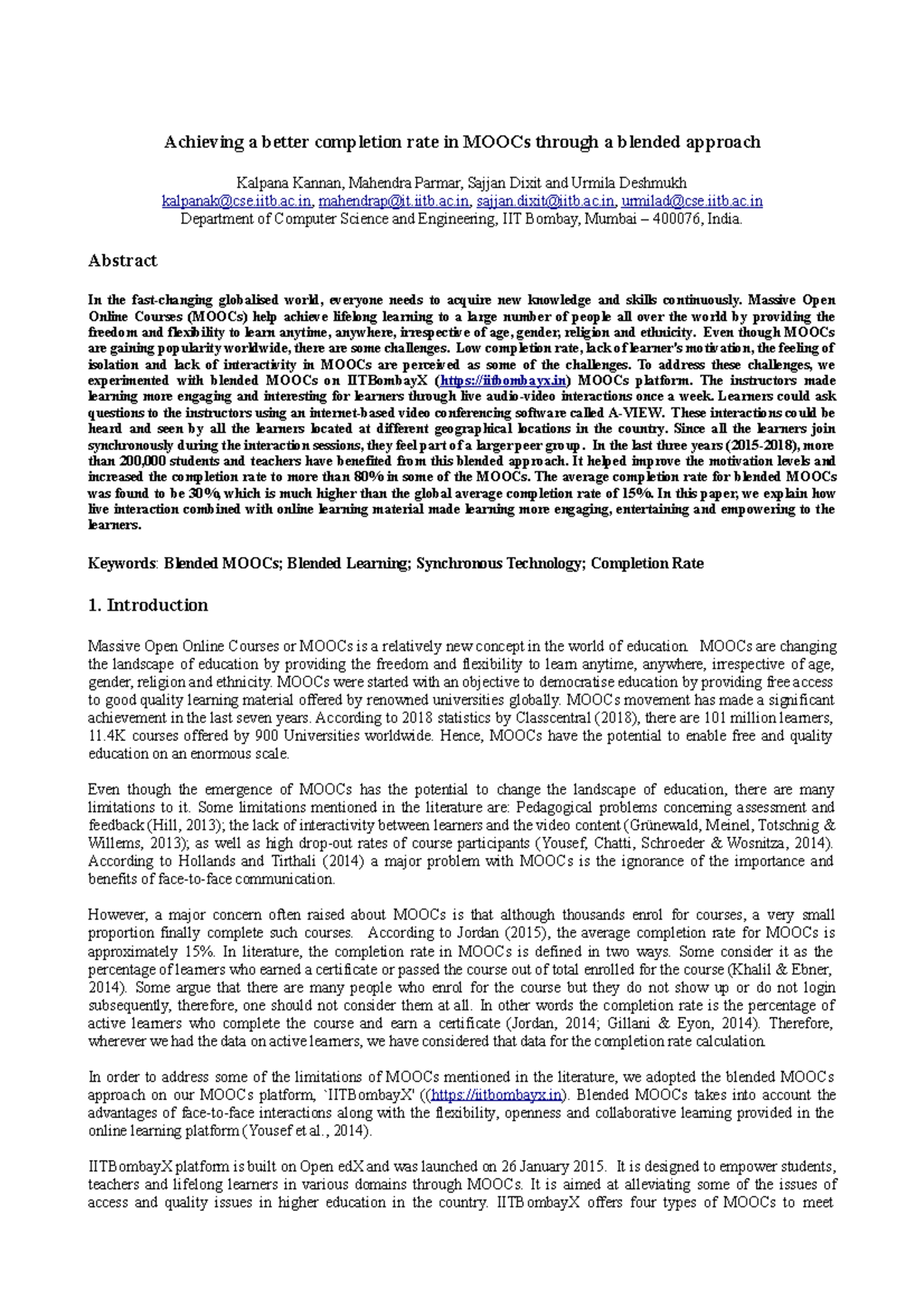 Blended MOOCs Approach to Enhance Completion Rates in IITBombayX - Studocu