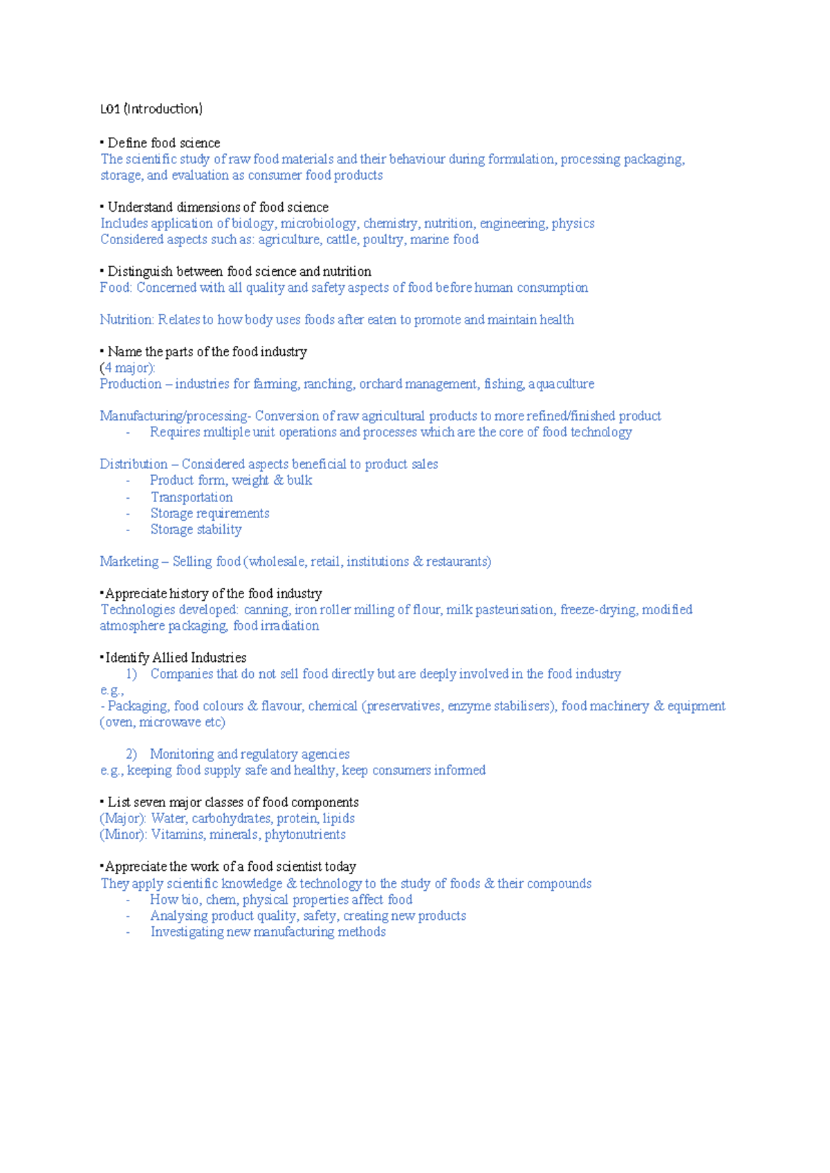 Food200 Revision - course material summary - L01 (Introduction) Define ...