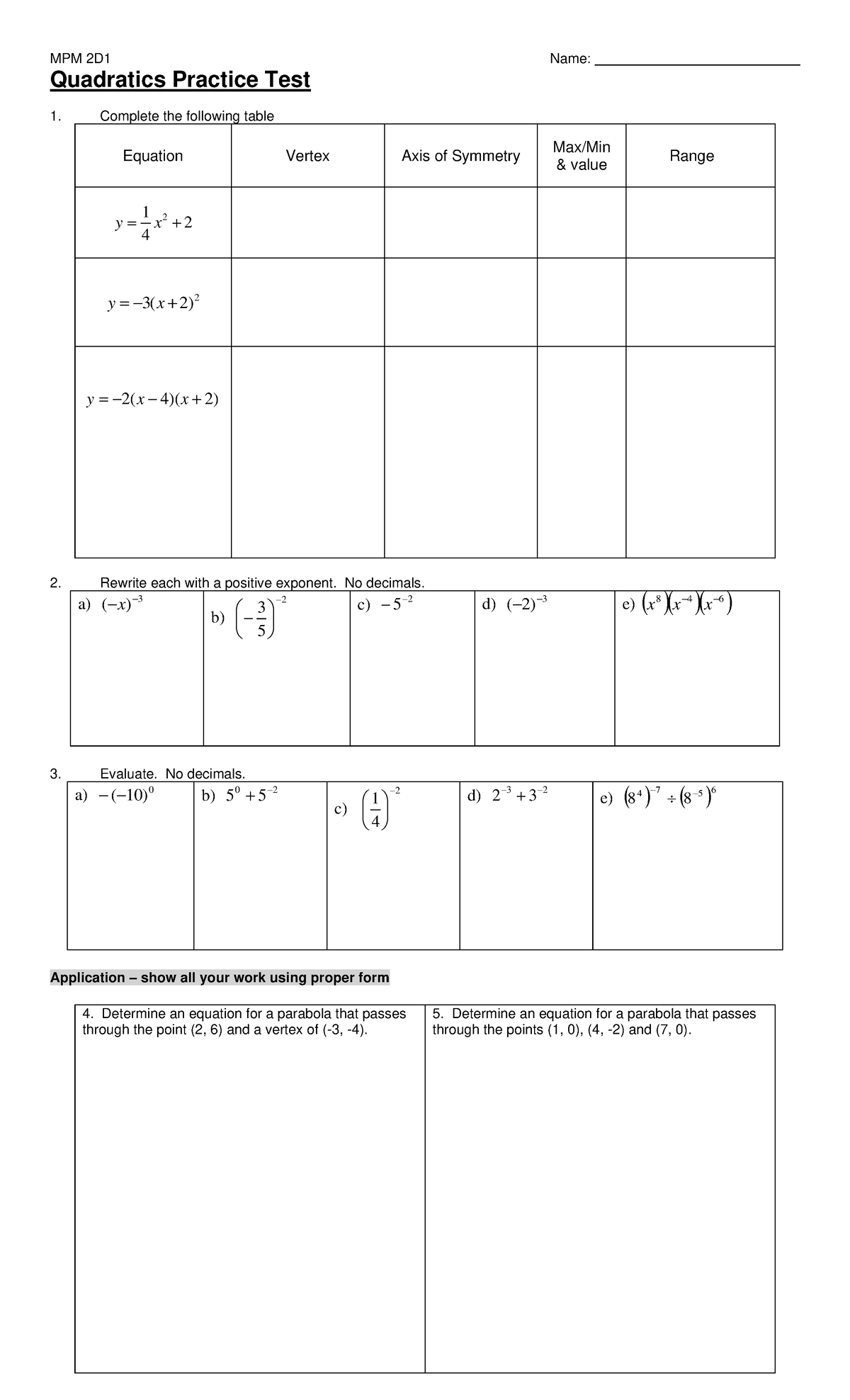 MPM 2D1 Quadratics Practice Test - Unit 3 Review and Exercises - Studocu