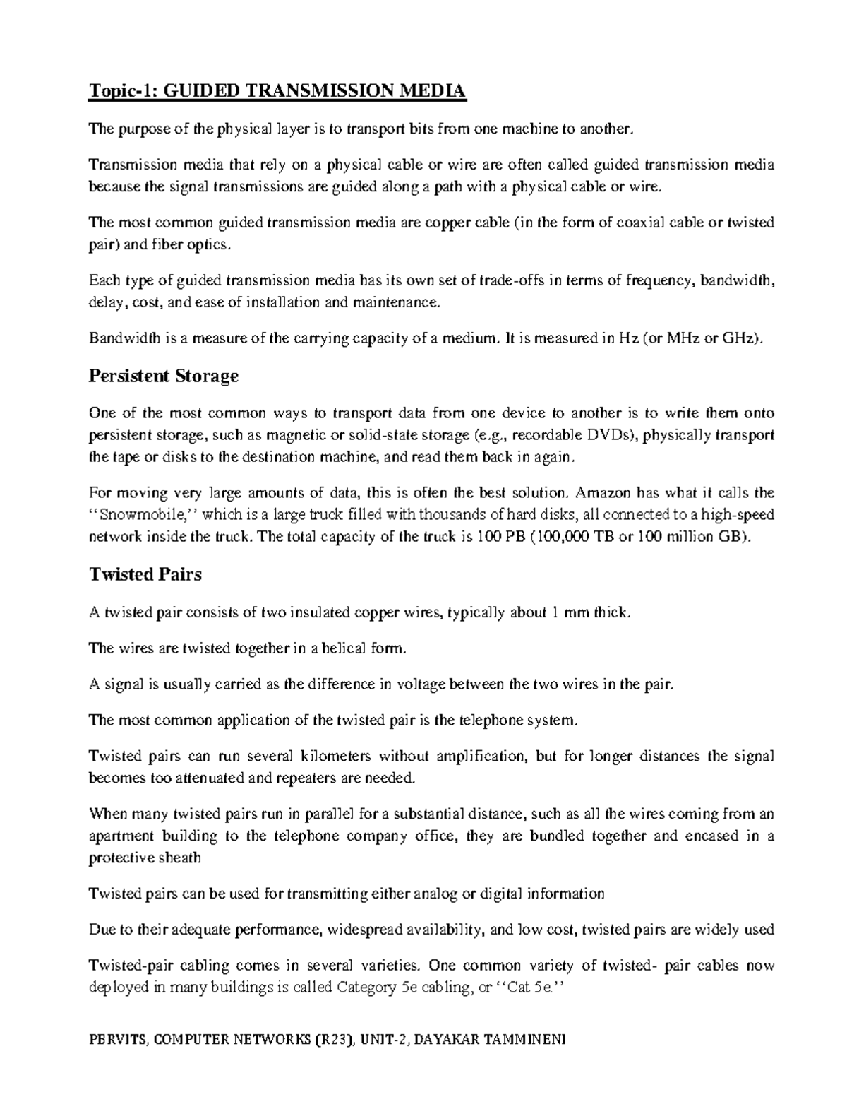 PBRVITS, COMPUTER NETWORKS (R23) - Guided Transmission Media Overview ...