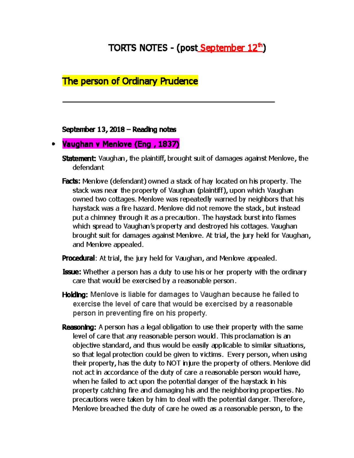 Torts Lecture Notes - Key Cases and Legal Principles - Studocu