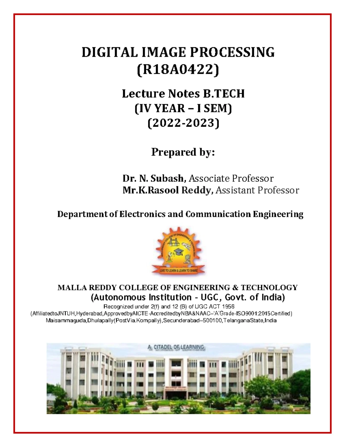DIP- Lecture Notes - Dip - 1 LECTURE NOTES ON DIGITAL IMAGE PROCESSING ...
