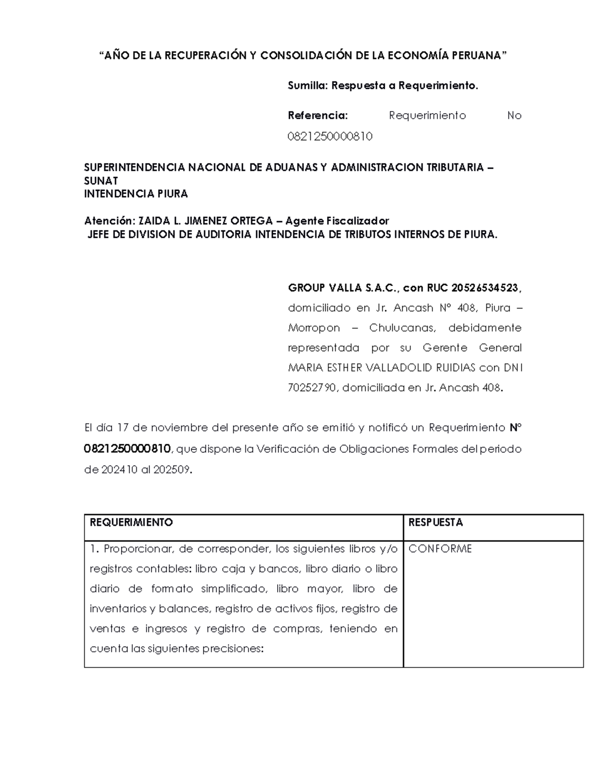 Carta Respuesta a Requerimiento SUNAT 2025 - Grupo Valla S.A.C. - Studocu