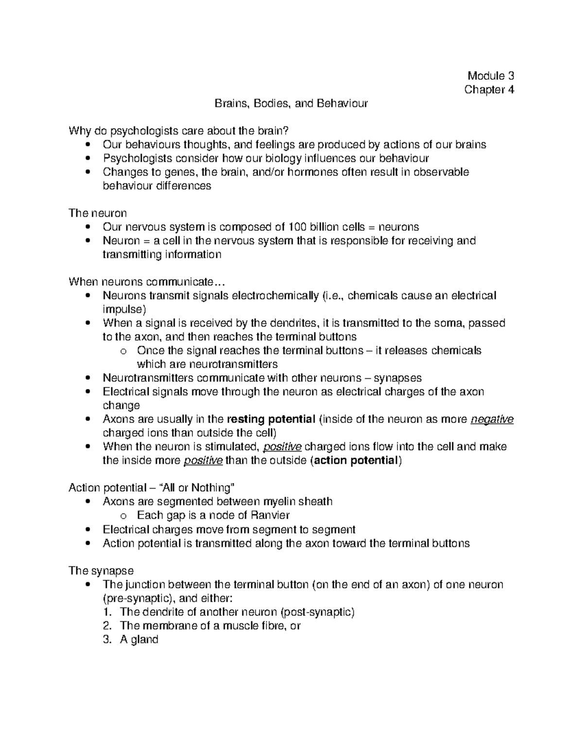 Week 3 - Brains, Bodies, and Behaviour - Module 3 Chapter 4 Brains ...