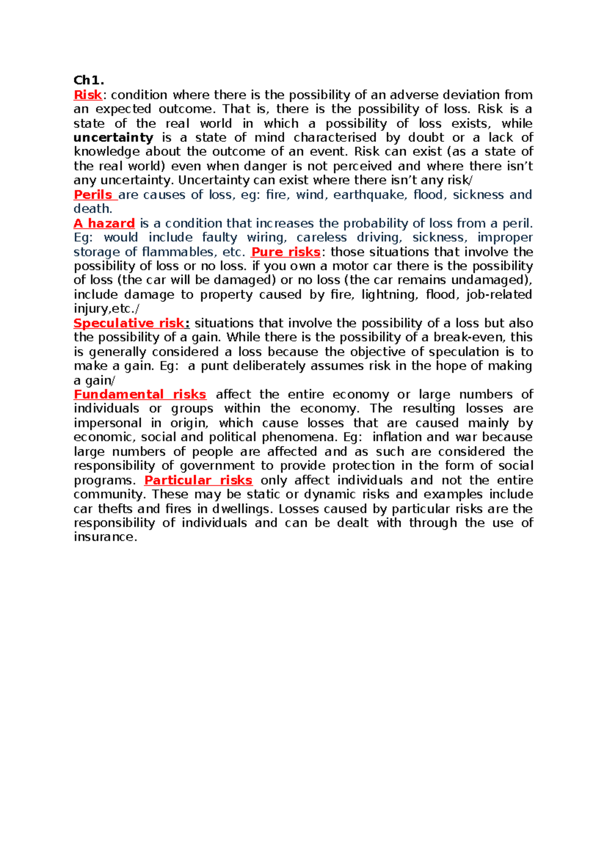 Ch1 Insurance Notes: Understanding Risk and Perils in Insurance - Studocu
