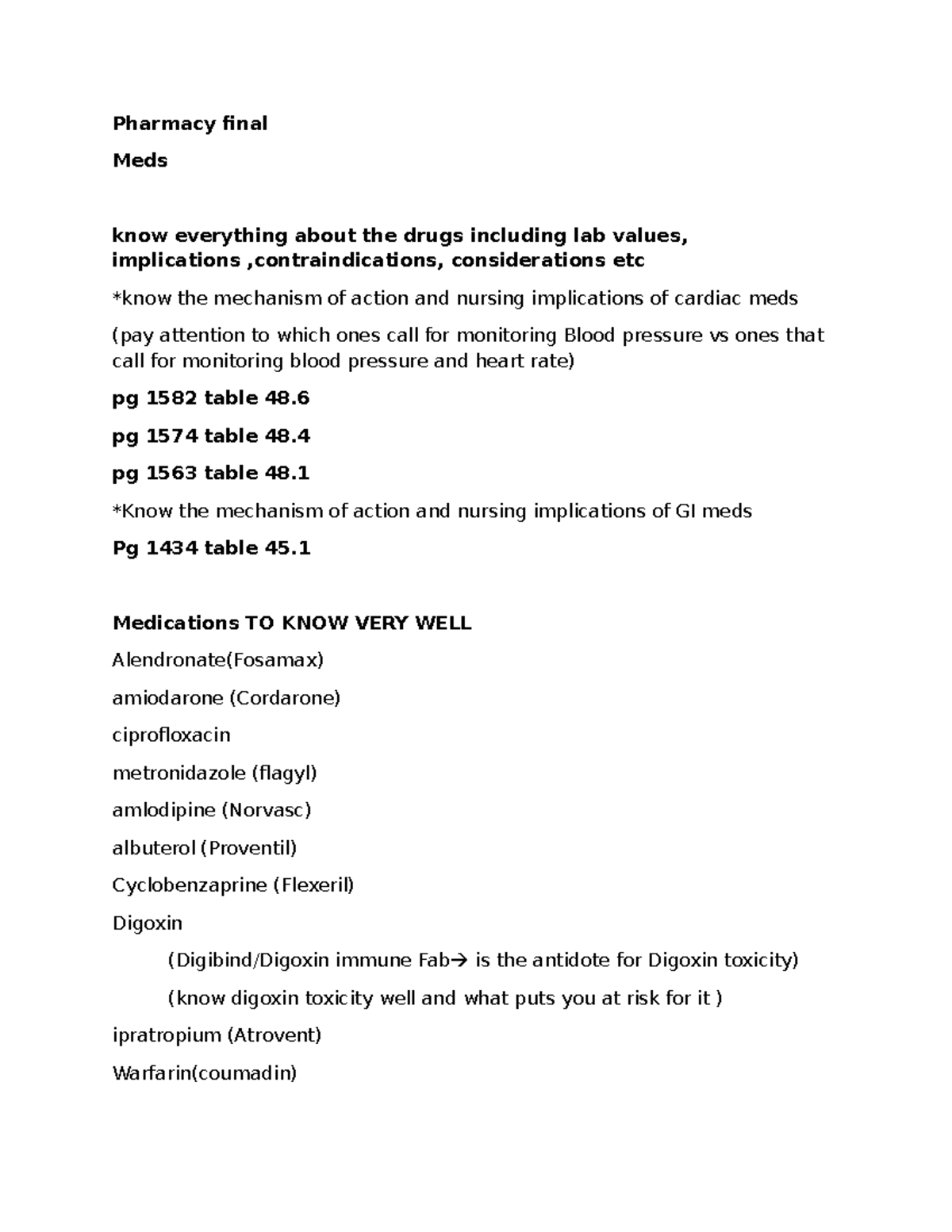 Pharmacy Med Surg Final Exam Study Guide: Key Medications & Nursing ...