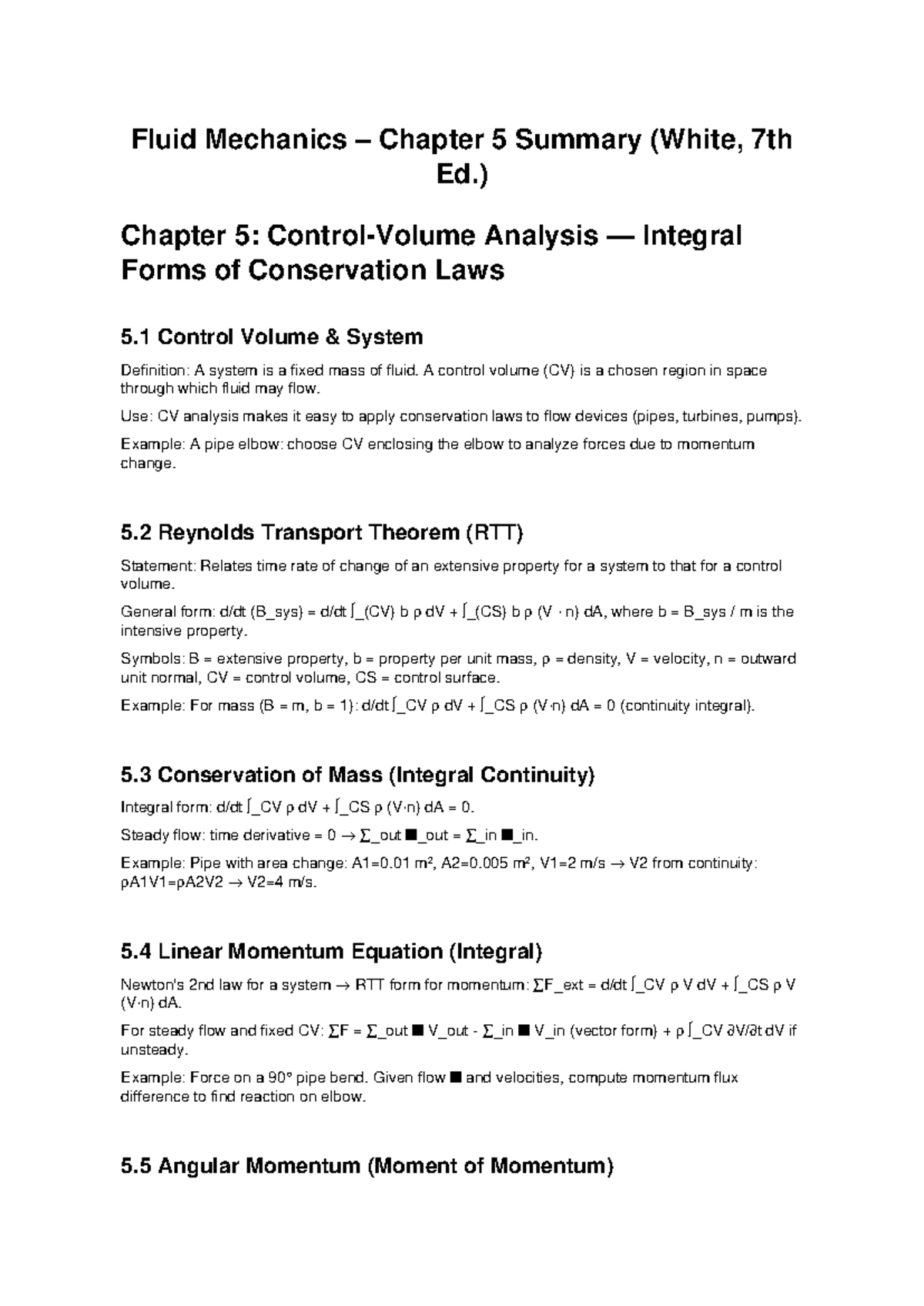 Fluid Mechanics (ENGR 301) Chapter 5 Summary: Conservation Laws - Studocu