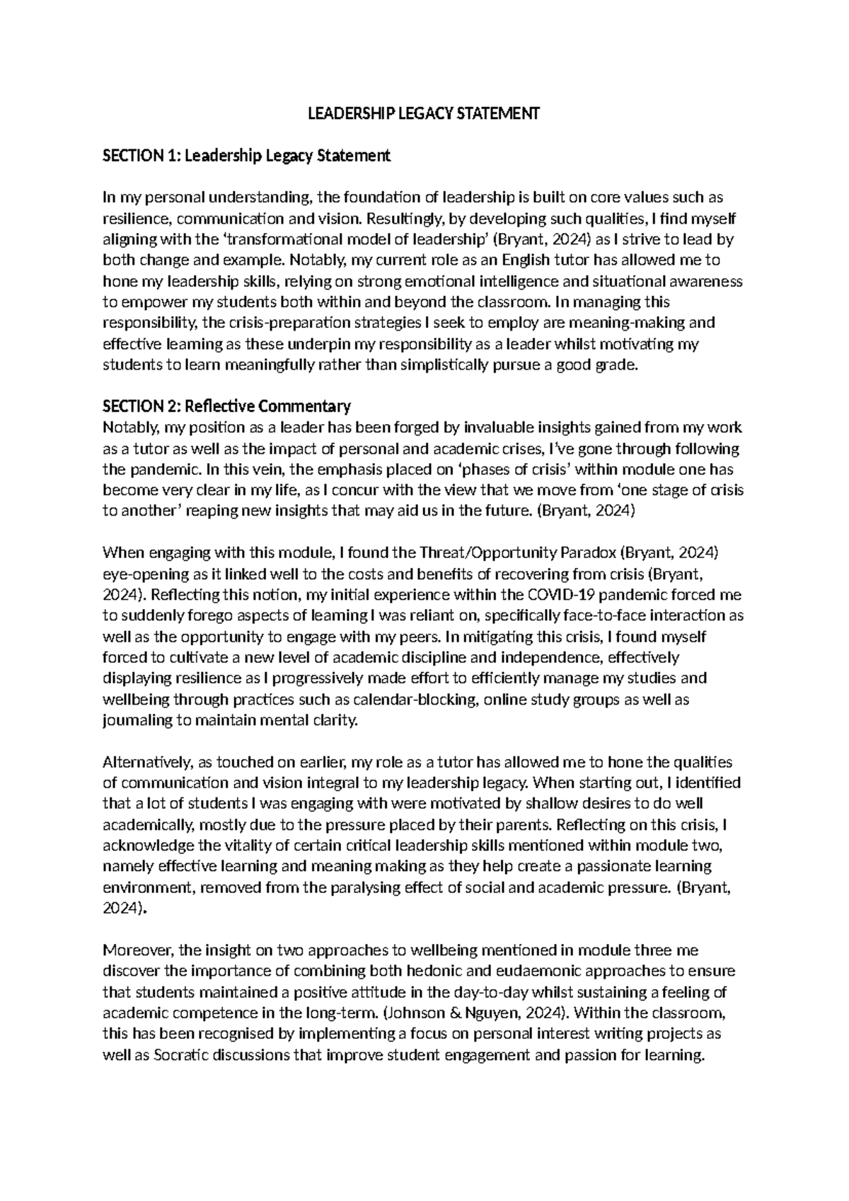 Leadership Legacy Statement - Resultingly, by developing such qualities ...
