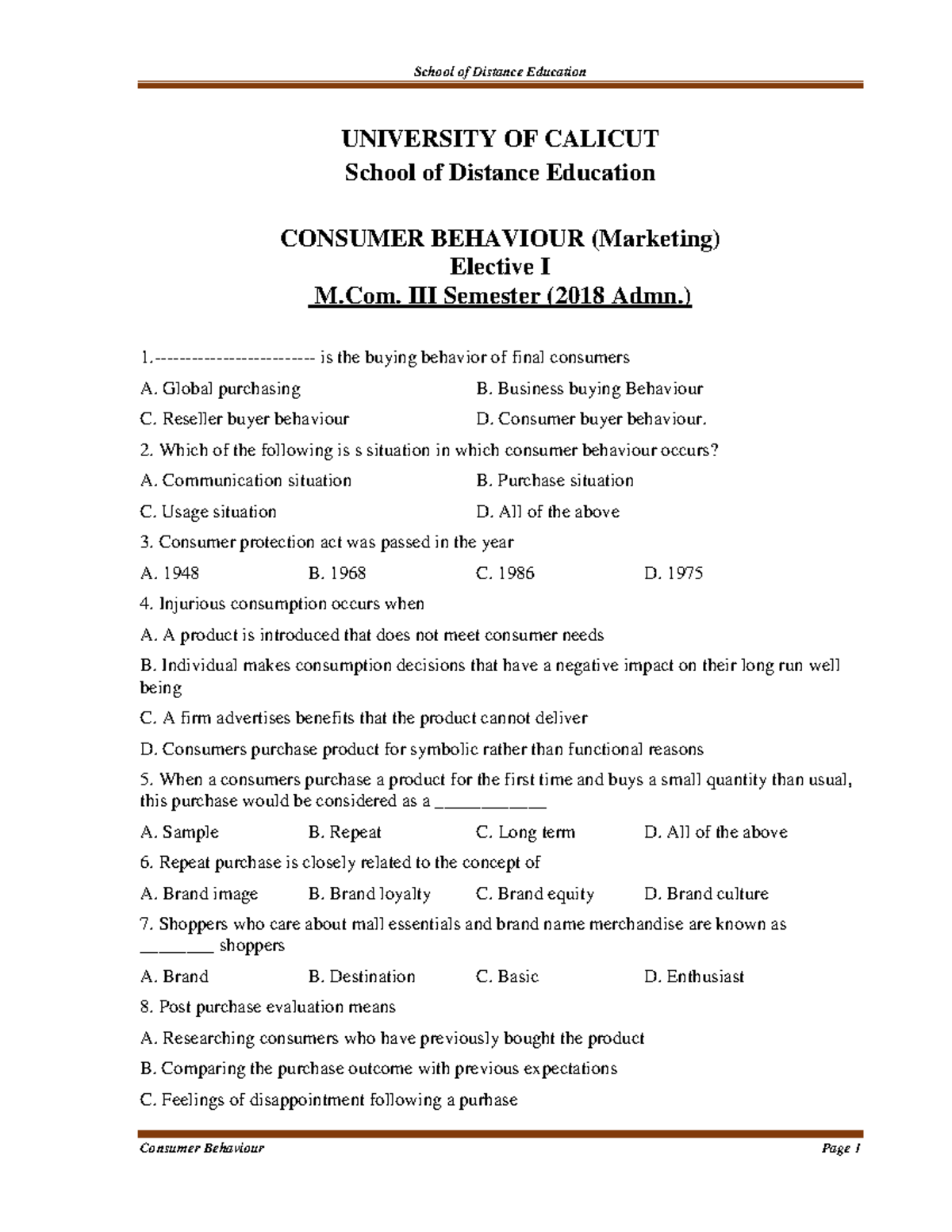 M.Com. III Sem. Consumer Behaviour - Comprehensive Study Guide - Studocu