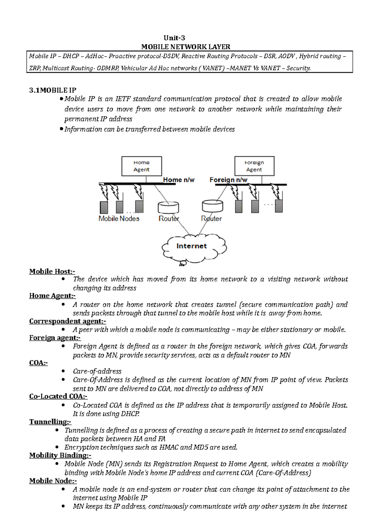 MC3 - Unit 3 Mobile Network Layer Notes: Mobile IP & DHCP Concepts ...