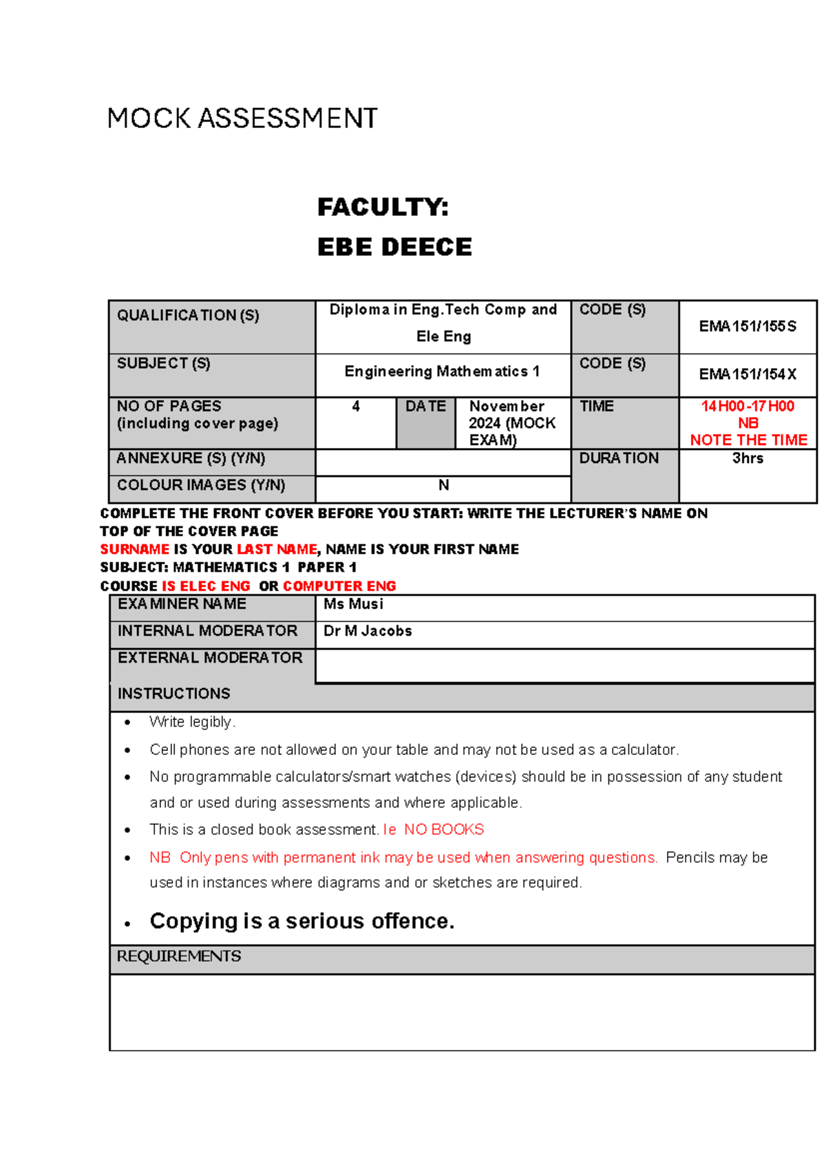 MOCK Exam EMA151/155S: Engineering Mathematics 1 Preparation Guide ...