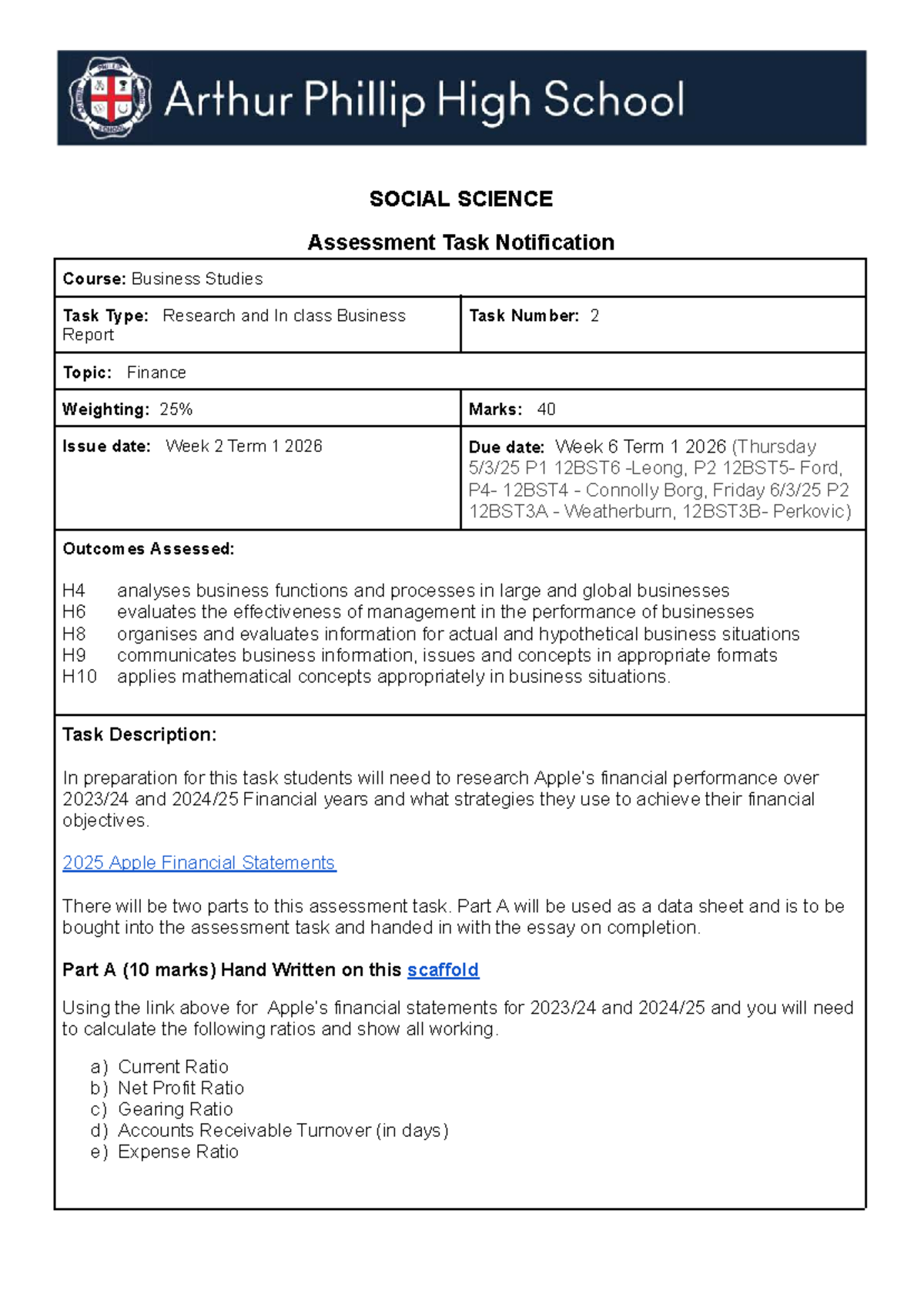 2026 Year 12 Business Studies Task 2: Finance Report Assessment - Studocu